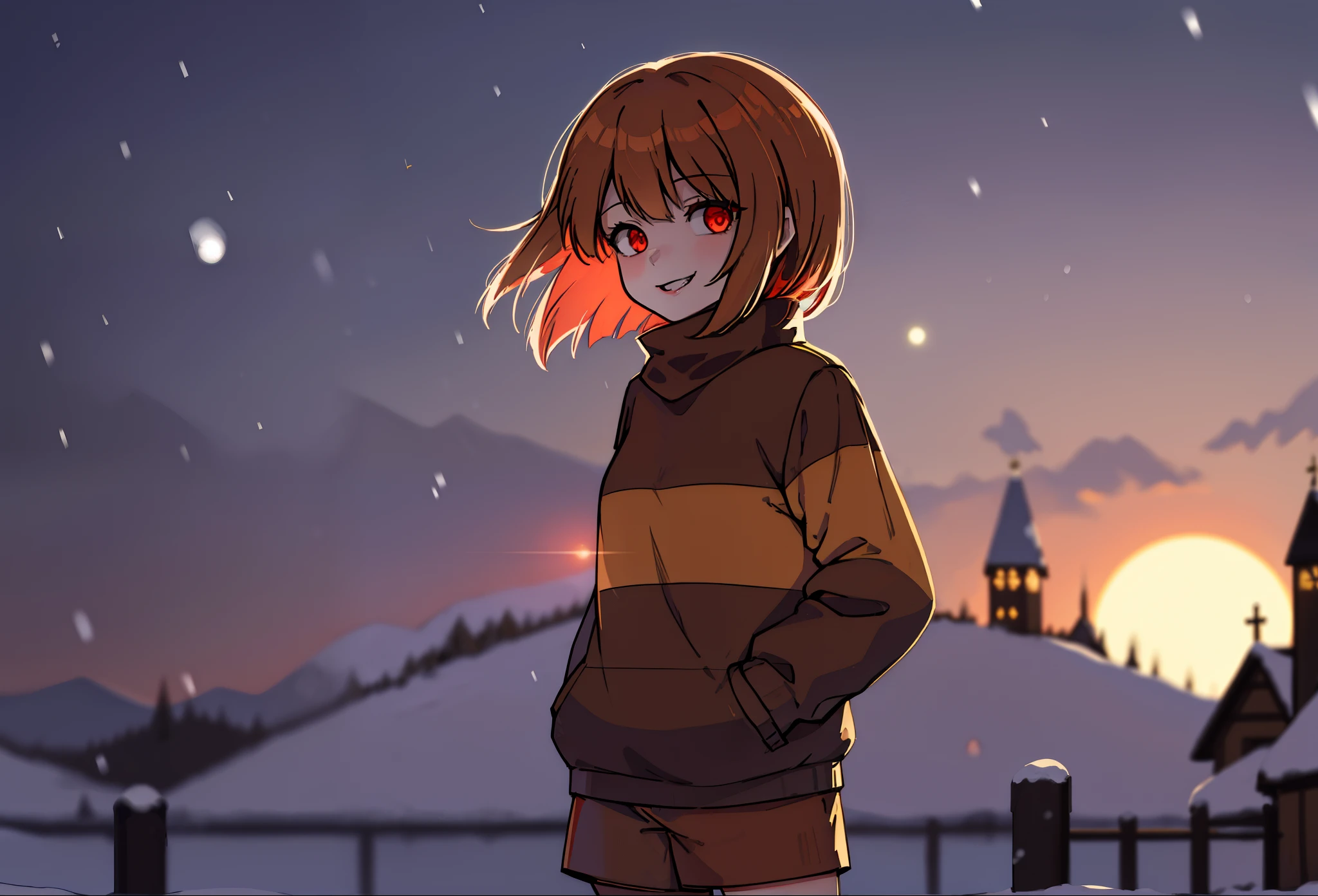 masterpiece, best quality, detailed, 1girl, sweater, striped, brown shorts, lens flare, bloom, outside, snow, snowing, full moon, town, town in background, blurry background, standing, chara, chara \(undertale\), red eyes, evil smile, young, , jcm2, hand in pocket, 