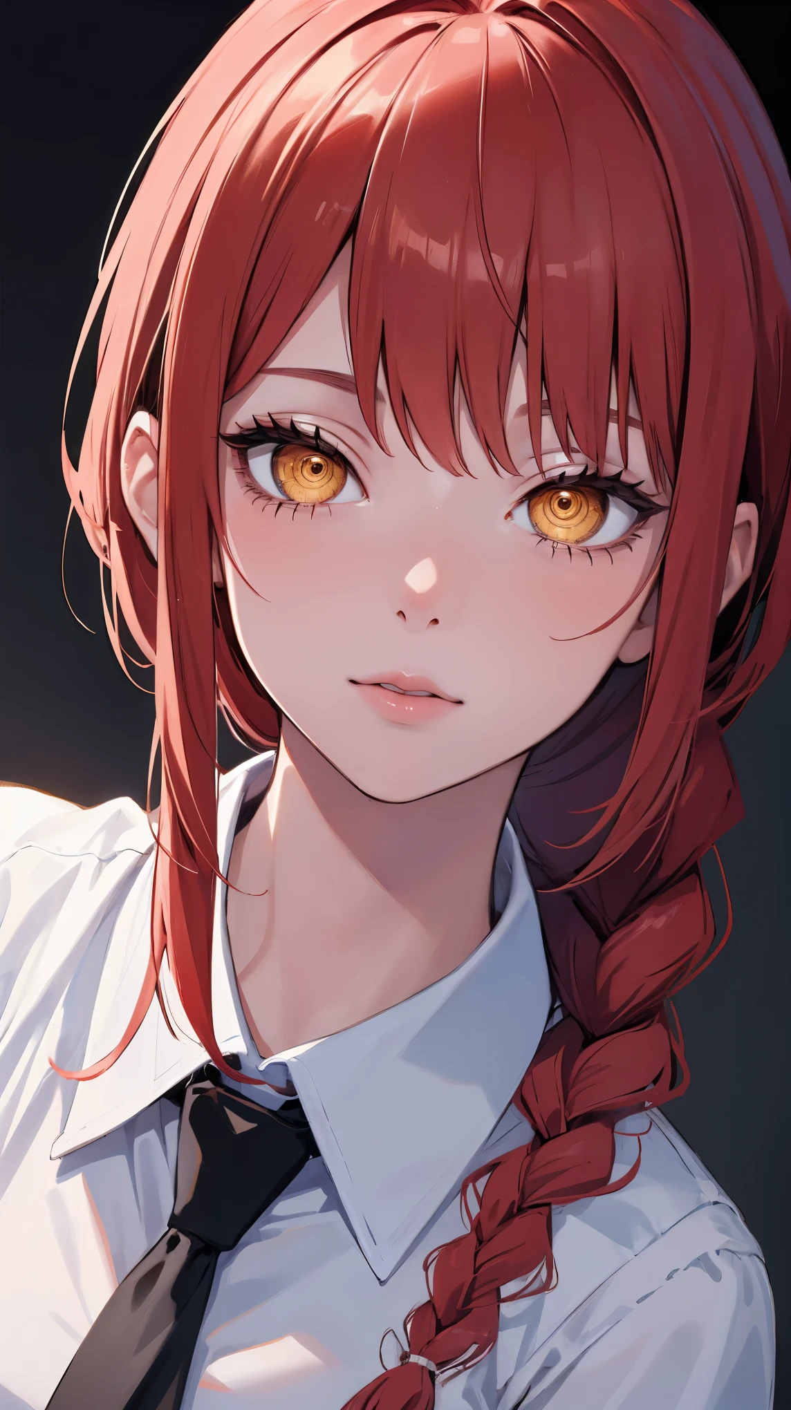 (masterpiece, best quality), 1girl, beautiful face,   makima, shirt, braid, braided ponytail, collared shirt, white shirt, necktie