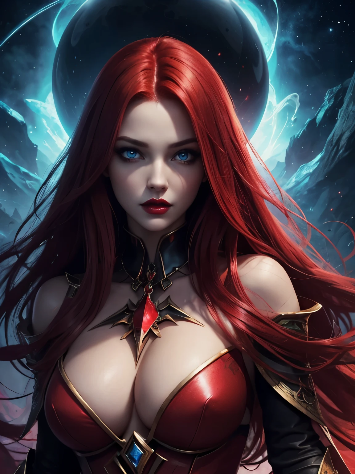 Portrait, beautiful corrupted enchantress with red hair and a red dress, hourglass figure, symmetrical figure, highly detailed face, beautiful face, blue eyes, lush red lips, alluring, stunning digital illustration, mysterious quantum environment, cosmic elements and ethereal atmosphere