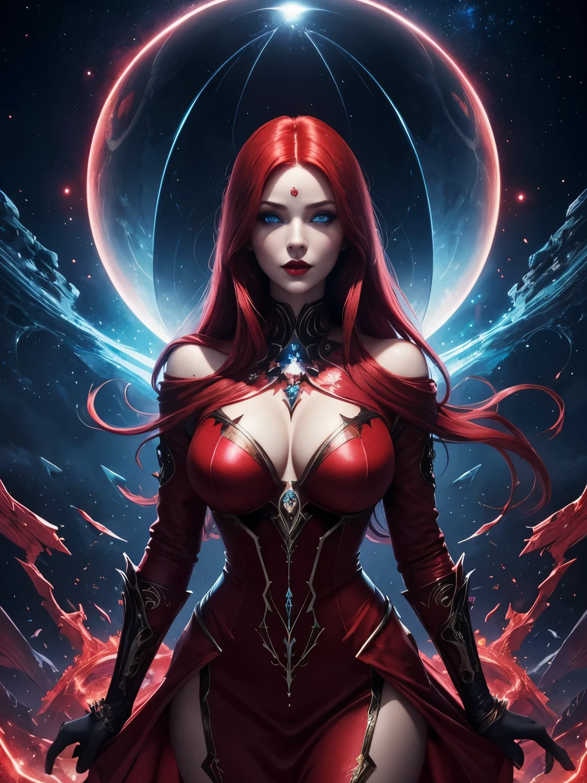 Portrait, beautiful corrupted enchantress with red hair and a red dress, hourglass figure, symmetrical figure, highly detailed face, beautiful face, blue eyes, lush red lips, alluring, stunning digital illustration, mysterious quantum environment, cosmic elements and ethereal atmosphere