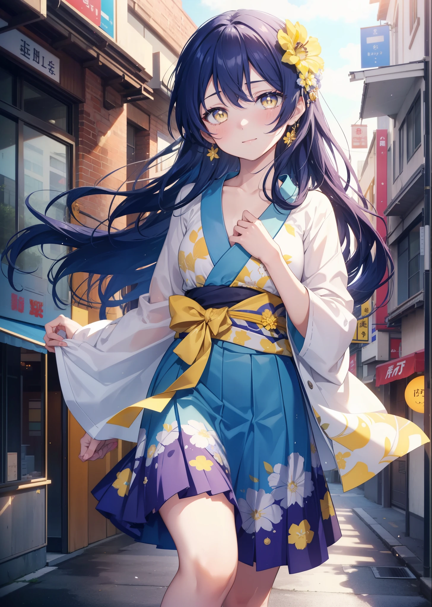 Kamisonoda, Umi Sonoda, long hair, blue hair, (yellow eyes:1.5) (flat chest:1.2),smile,blush,floral hair ornament,blue floral pattern yukata,blue long skirt,Breaking the sandals looking at viewer,
break outdoors,In town , Destroy the building area (masterpiece:1.2), highest quality, High resolution, unity 8k wallpaper, (figure:0.8), (beautiful and fine eyes:1.6), highly detailed face, perfect lighting, Very detailed CG, (perfect hands, perfect anatomy),
