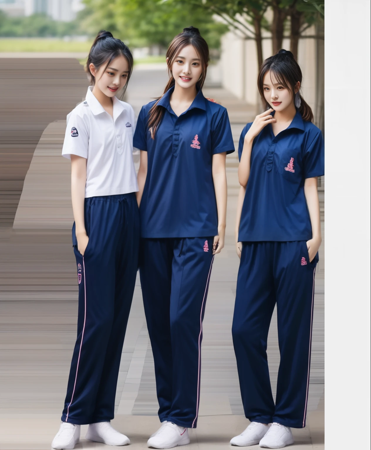 3 girls in fitness center, Navy blue short-sleeved shirt,Navy Long Trackpant,Sweatpants, Sweatpantsขายาว,25 year old girl, lesbian, sexy, exercise clothes, wet body, exercise clothes