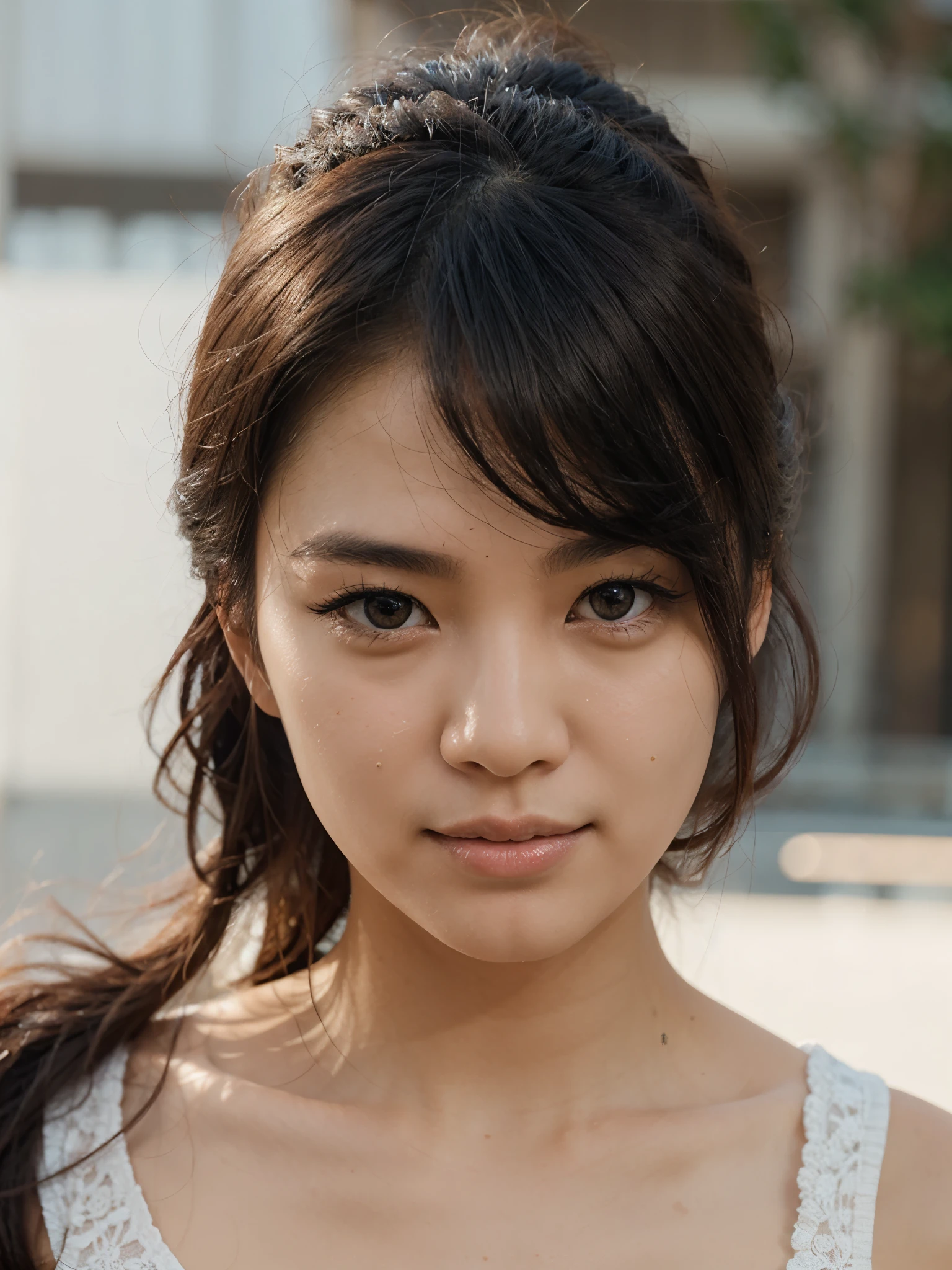 Girl with slanted eyes with a serious face that her hair style is ponytail