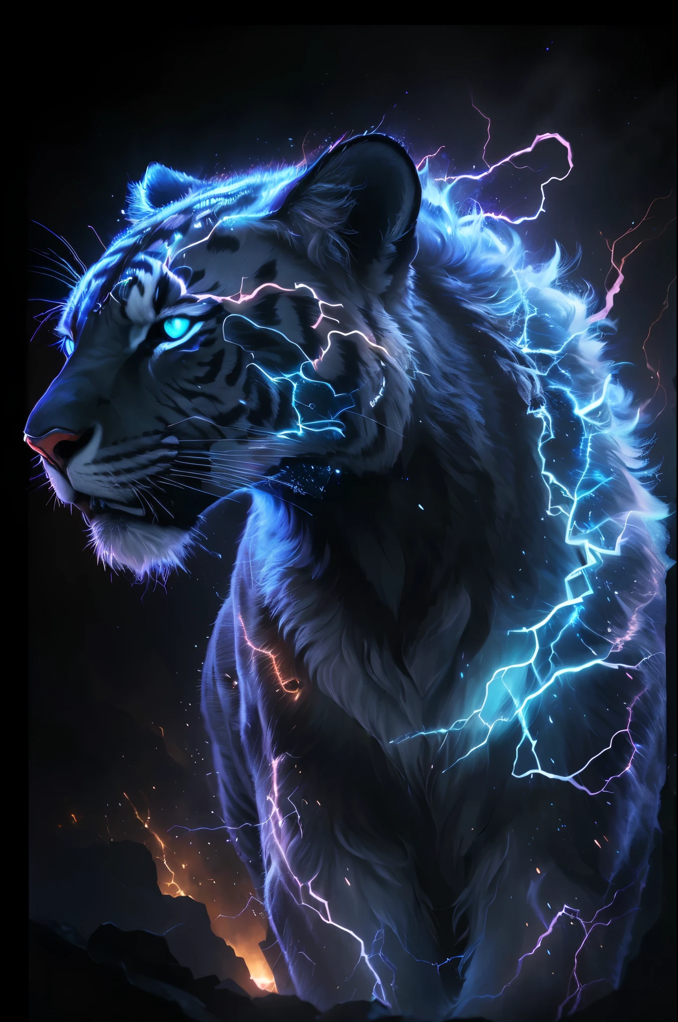 There is a tiger,Lightning flashes from the mouth, luminous and epic, electric wallpaper, amazing wallpapers, Digital Art Animal Photos, 4k highly detailed digital art, shining with power, 4k detailed digital art, wallpaper 4k, wallpaper 4k, blue fire, Roaring blue lion. majestic, Electric storm, lightning and color, Exciting