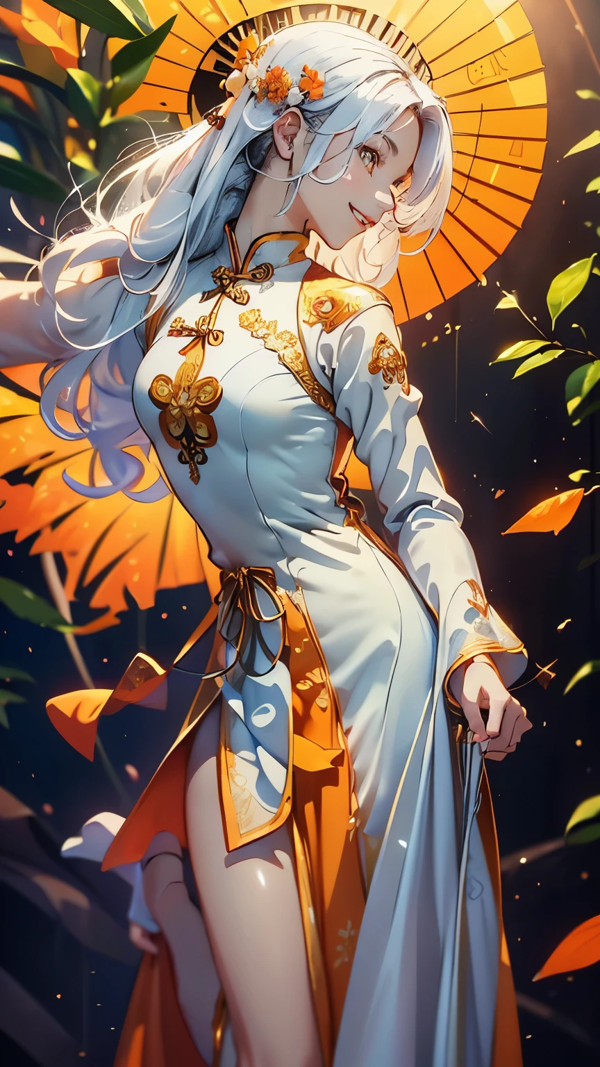 (Official art、Best Quality、Unity 8k Wallpapers、32K、​masterpiece、ultra-detailliert、超A high resolution、realisitic、Photorealsitic、Very ridiculous:1.2)、(Cinematic lighting:1.2), 、Best Shadows、Rim lighting、side lights、(Ultra-detailed and complex 3D rendering)、Detailed beautiful face and eyes、Sharp pupils、Realistic pupils、A slender、1Girl 、Medium bust、 beauitful face、(16-year-old beautiful girl)、((Small breast:1.5, smallchest:1.5)), (super detailed skin、detailed skin textures:1.3)、((White hair:1.5)) ,(shoulder long hair:1.5).((Modern Vietnamese Aodai :1.5)) , ( heavy and unique Vietnamese Aodai:1.5) , (wearing a Orange peel colored Vietnamese Aodai:1.5),(Hunyadi yellow decorative motifs of Aodai:1.5),(enjoy expression:1.5) , ((cute smile:1.5)) 