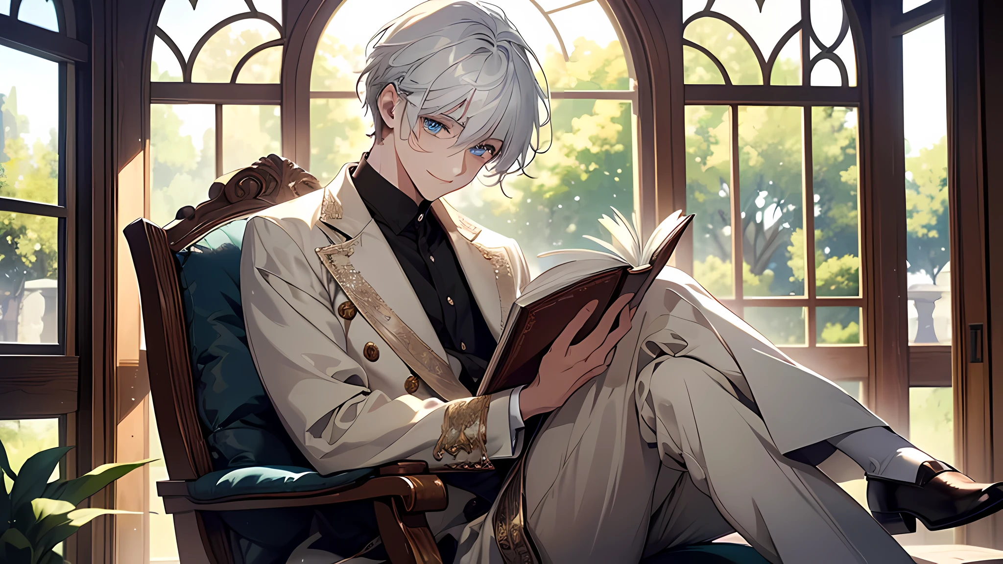 (masterpiece, best quality), (detailed and beautiful eyes), (detailed eyes and detailed face), (beautiful and clear background), (extremely detailed CG, super detailed, best shadows), (( depth of field)), beautiful conceptual illustration, (illustration), (extremely delicate and beautiful), (perfect detail),8k, color photo of a white hair boy sitting in a chair reading a book with a window and an arbor. The boy has white hair, blue eyes. he is sitting in a chair with her legs crossed, holding a book , and looking at the viewer with a smile. In the background, there is a tree, a plant, and an arbor with a window. The photo should capture a serene and peaceful mood.
