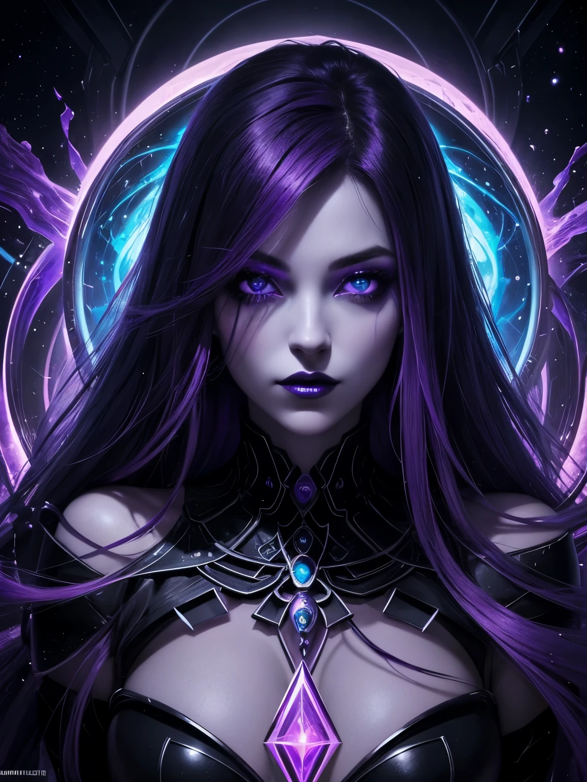 Portrait, beautiful corrupted enchantress with purple hair and a black dress, hourglass figure, symmetrical figure, highly detailed face, beautiful face, blue eyes, lush black lips, alluring, stunning digital illustration, mysterious quantum environment, cosmic elements and ethereal atmosphere