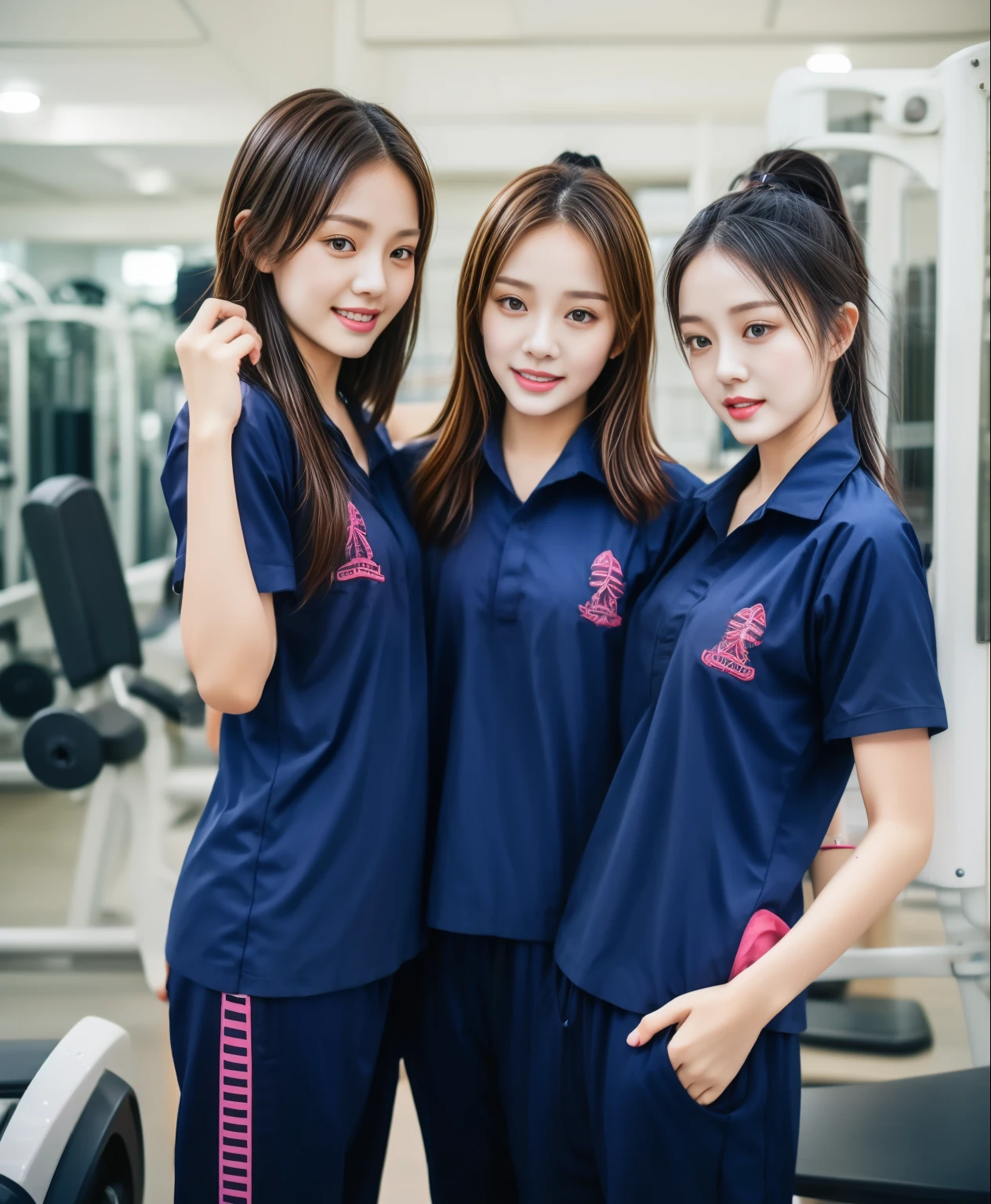 3 girls in fitness center, Navy blue short-sleeved shirt,Navy Long Trackpant,Sweatpants, Sweatpantsขายาว,25 year old girl, lesbian, sexy, exercise clothes, wet body, exercise clothes