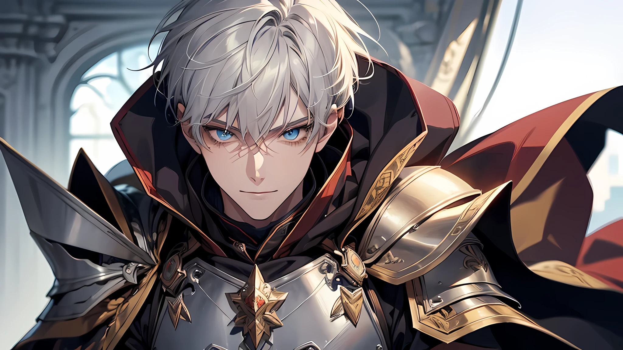 (1 young male),A high resolution, Sharp focus, Pixiv masterpiece, ((Complicated details)), highly detailed, 1 man, ssmile,full bodyesbian, greene eyes(eyes glowing), with short white hair,Armour,cloaks,Shoulder armor,perspire,look from down, detailed face, detailed eyes, perfect face, perfect body