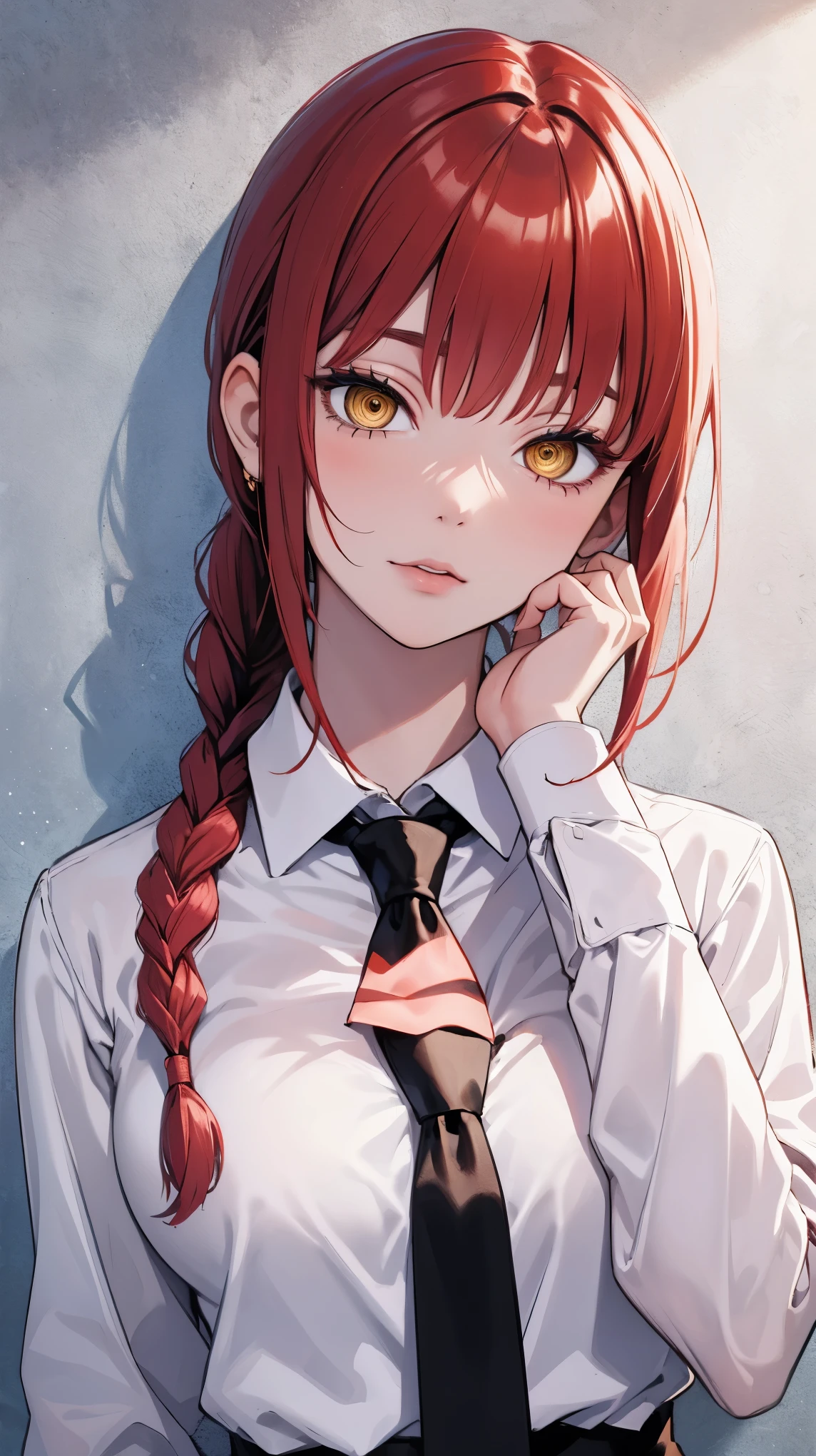 (masterpiece, best quality), 1girl, beautiful face,   makima, shirt, braid, braided ponytail, collared shirt, white shirt, necktie