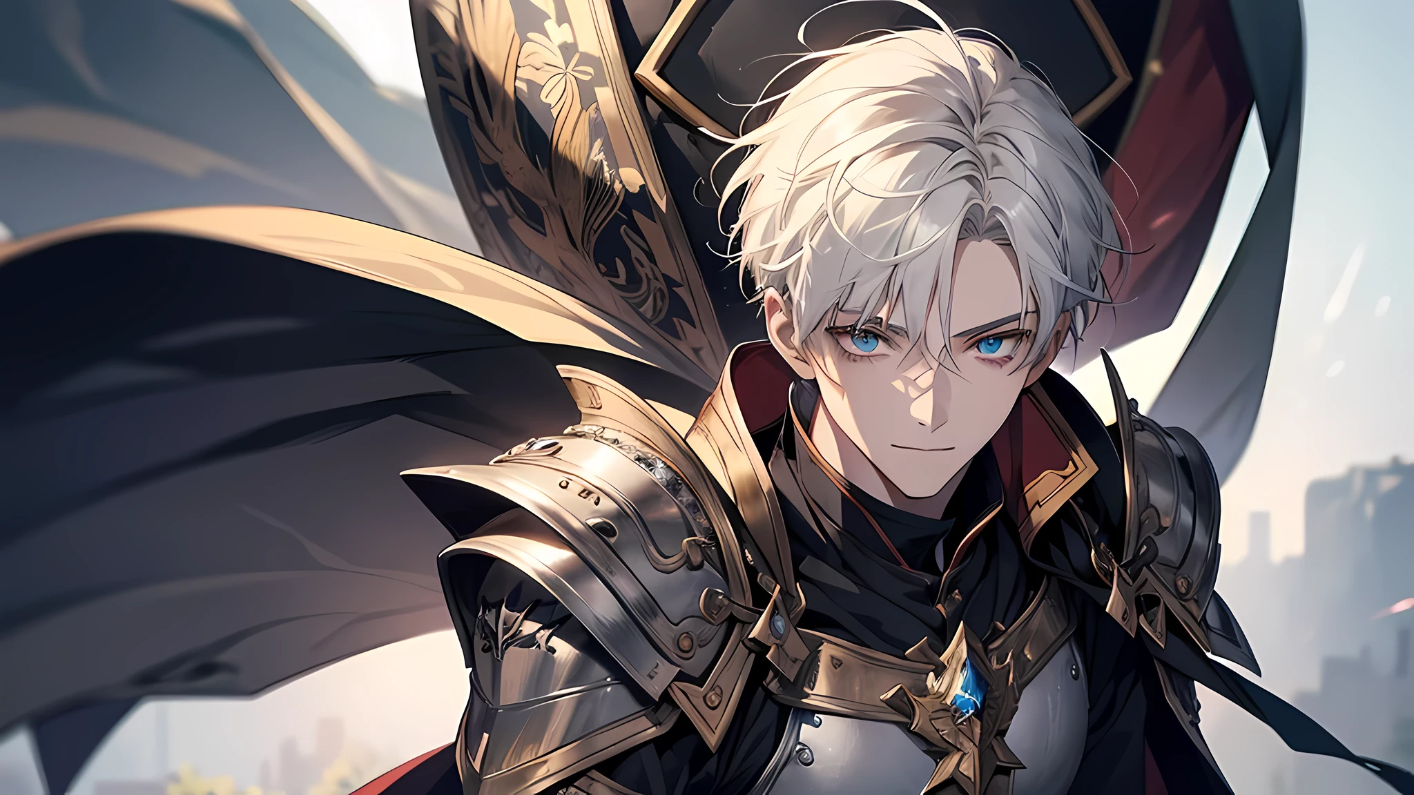 （1 young male），A high resolution， Sharp focus， Pixiv masterpiece， （（Complicated details））， highly detailed， 1 man， ssmile，full bodyesbian， greene eyes（eyes glowing）， with short white hair，Armour，cloaks，Shoulder armor，perspire，look from down, detailed face, detailed eyes, perfect face, perfect body
