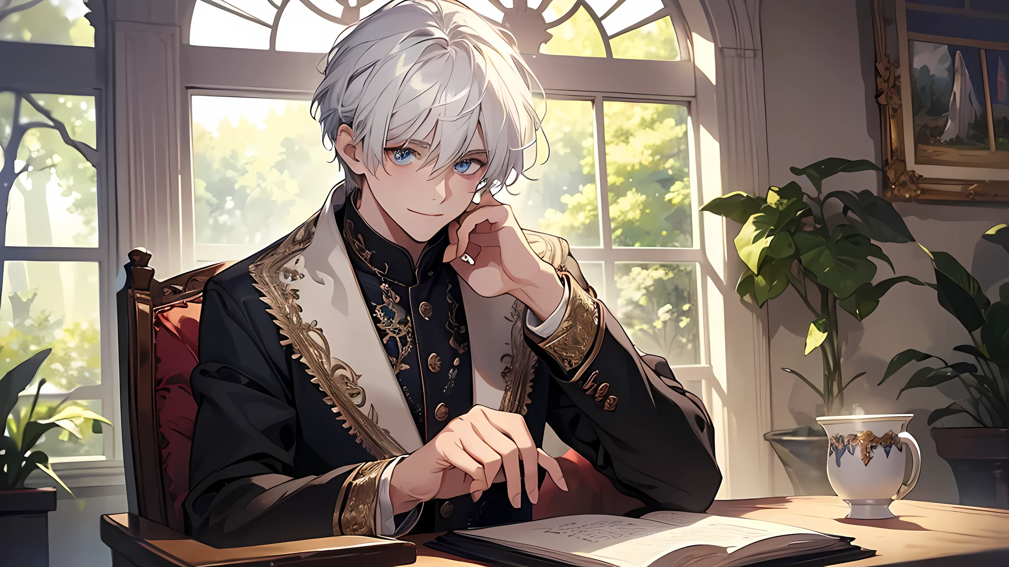 (masterpiece, best quality), (detailed and beautiful eyes), (detailed eyes and detailed face), (beautiful and clear background), (extremely detailed CG, super detailed, best shadows), (( depth of field)), beautiful conceptual illustration, (illustration), (extremely delicate and beautiful), (perfect detail),8k, color photo of a white hair boy sitting in a chair reading a book with a window and an arbor. The boy has white hair, blue eyes. he is sitting in a chair with her legs crossed, holding a book , and looking at the viewer with a smile. In the background, there is a tree, a plant, and an arbor with a window. The photo should capture a serene and peaceful mood.
