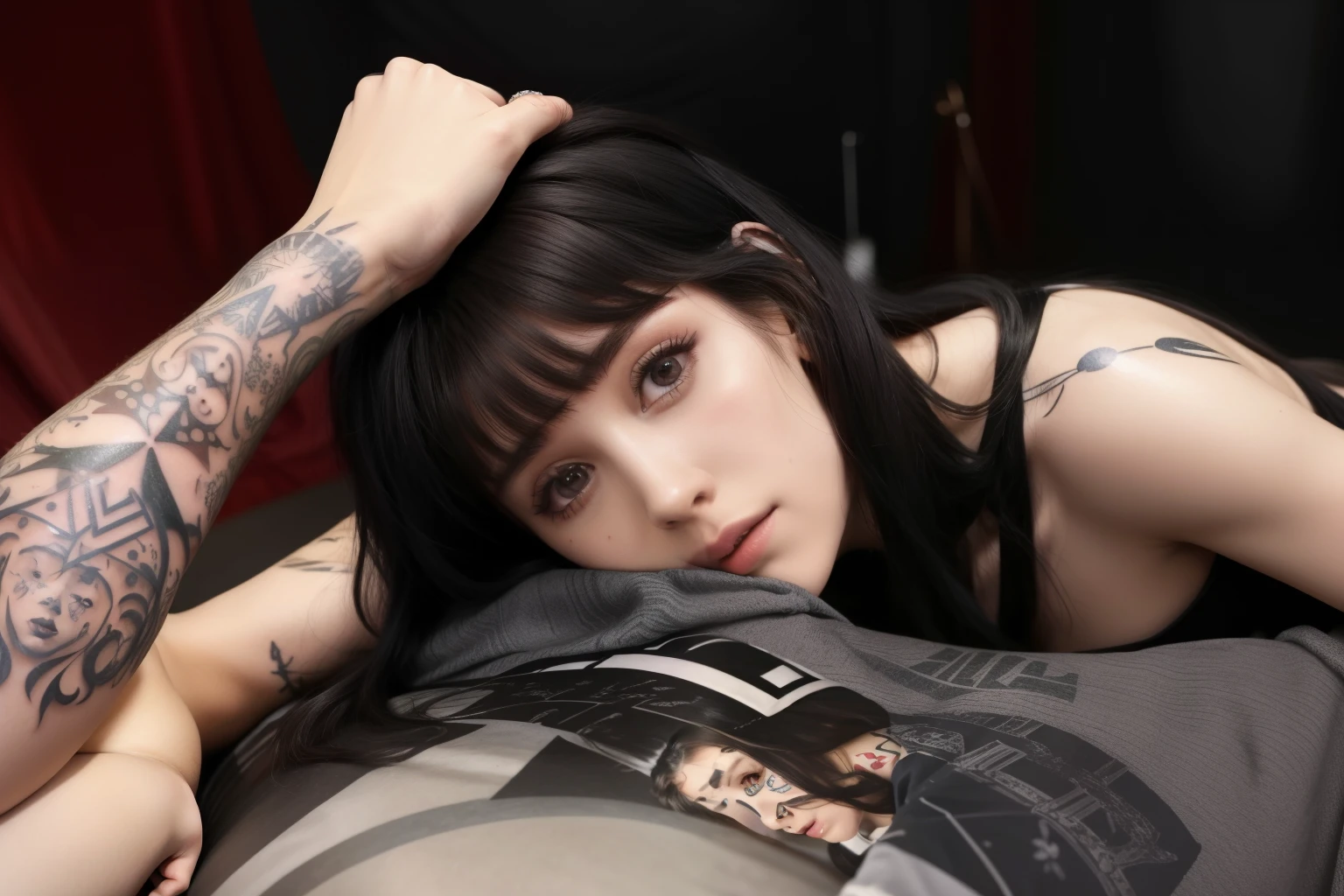 arafed woman com tatuagens on her arm and arm resting on a man's lap, ela tem cabelo preto with bangs, cabelo preto com franja, charli bowater, cabelo preto e franja branca, com tatuagens, ela tem cabelo preto, charli bowater e artgeem, frank lily, franja preta, tatuado, a cara de absurdamente bela