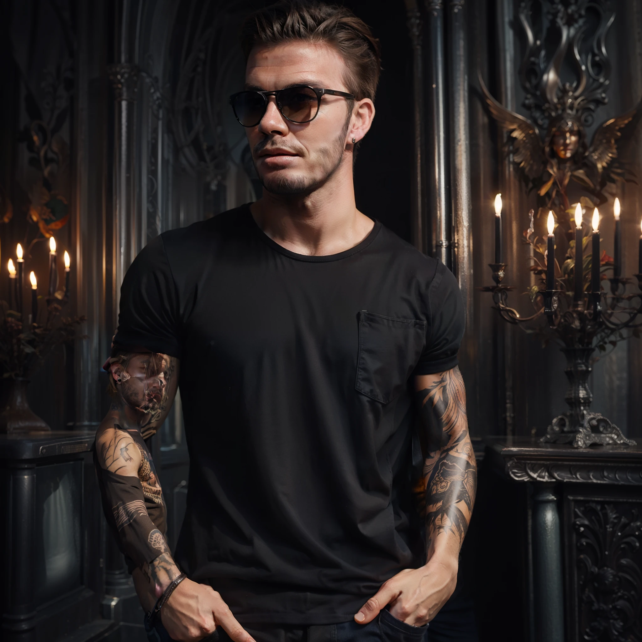 David Beckham Face 19 years old, teen face, with rocker make up, beard, earring, sun glasses, 4k, HD, masterpiece