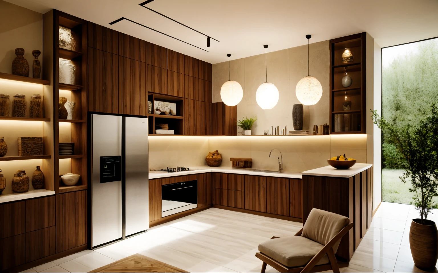wabi-sabi kitchen interior, rough-hewn material, exposured wood, stucco wall, tiled floor, refrigerator, cozy lighting