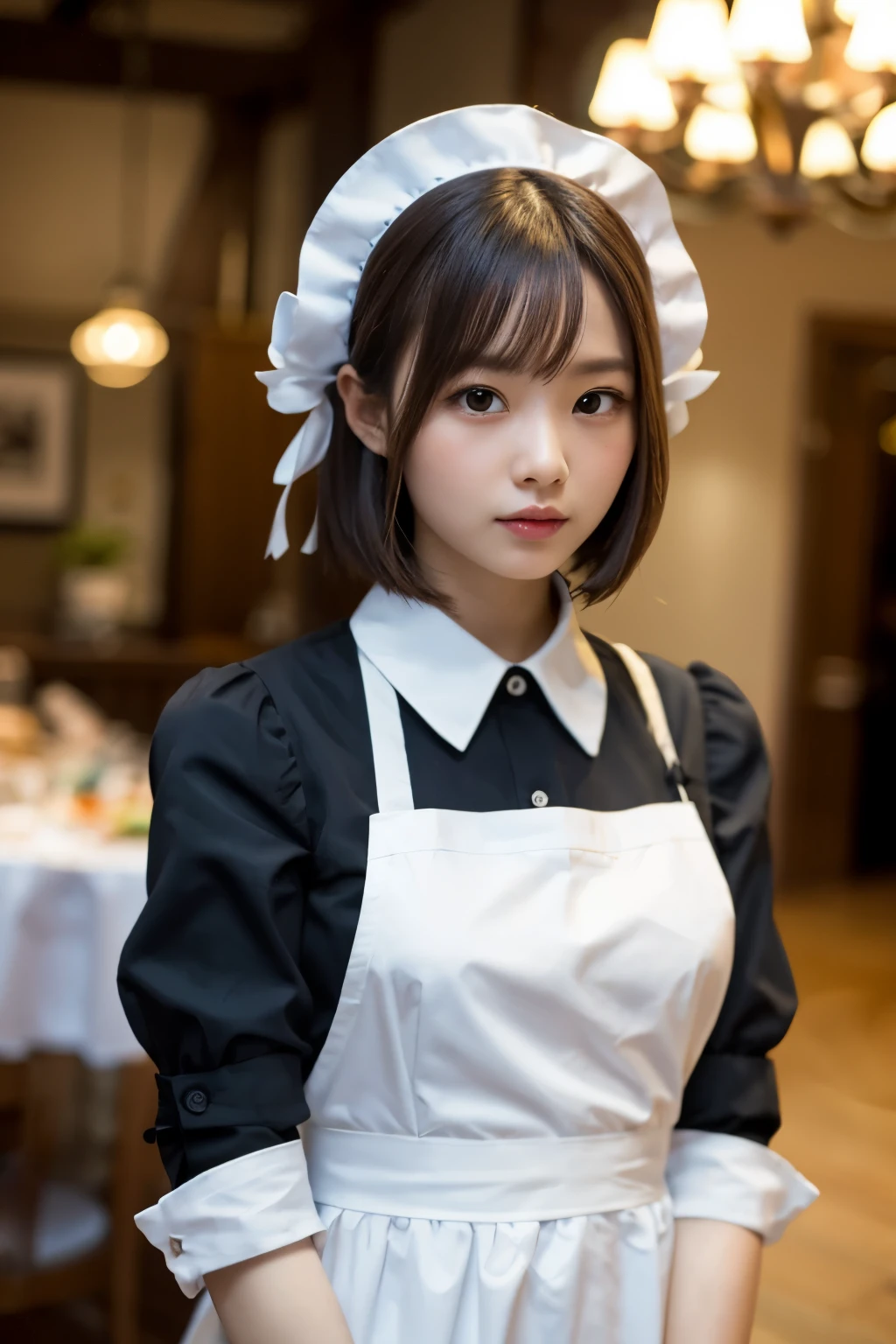 (8K, Raw photo:1.2), Detailed face and eyes,Best Quality, 超A high resolution, Highly detailed ,intricate detailes ,masutepiece ,Cute Girl , Soft cinematic light, Hyper-detailing,Sharp Focus, High quality, black hair, bob cuts, black long sleeve, white color, maid black long dress, white apron, maid headdress, standing, fold hands in front of body right-hand under left-hand, from front:1.2, cowboy shot