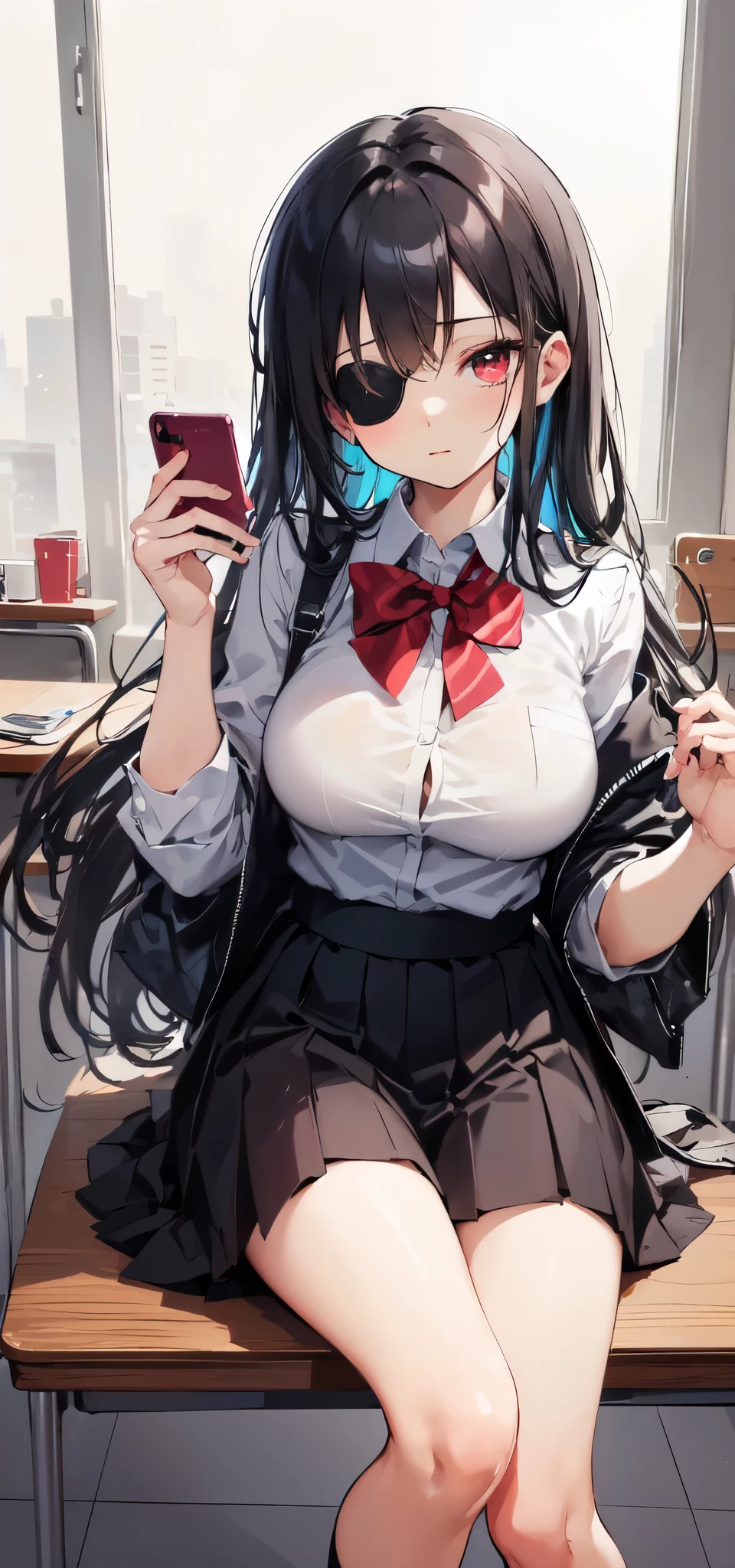 ((masterpiece, best quality)), High resolution, distinct image, (1girl), (solo), (female Focus), sitting, watching cellphone, (looking at cellphone), (gotich style, black school uniform, eye patch, black backpag), (long black hair), (red eyes), (eyelashes), (large breasts 1.4), cafeteria, table, oficial art