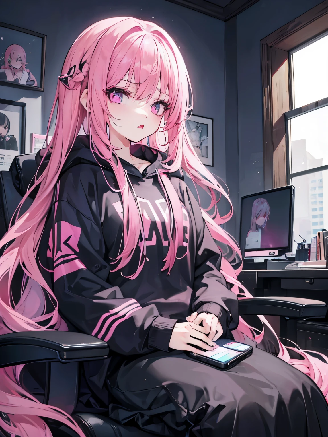 ((A girl!!!)) with pink hair, pink eyes, long hair, wearing hoodie, black skirt, ((sad)), ((open mouth)), beautiful, mature, in living room, was sitting in a gaming chair.