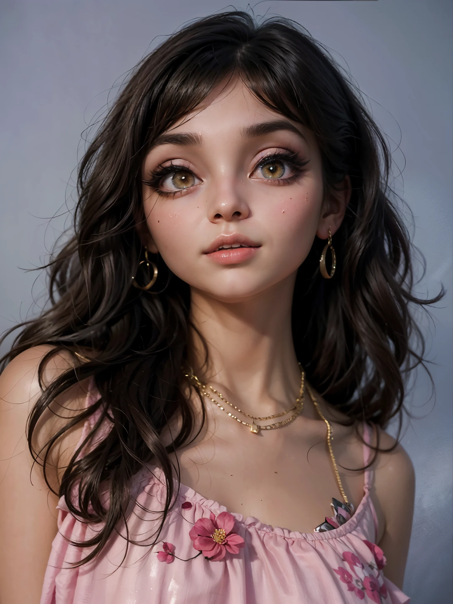 a close up of a woman wearing a pink dress and earrings, in the art style of bowater, digital art of an elegant, digital art. @mariomaniacdude, beautiful digital illustration, stunning digital illustration, madison beer girl portrait, # 1 digital painting of all time, #1 digital painting of all time, hyperrealistic teen, realism artstyle, (highly detailed face:1.4) (smile:0.7) (background inside dark, moody, private study:1.3) POV, by lee jeffries, nikon d850, film stock photograph ,4 kodak portra 400 ,camera f1.6 lens ,rich colors ,hyper realistic ,lifelike texture, dramatic lighting , cinestill 800