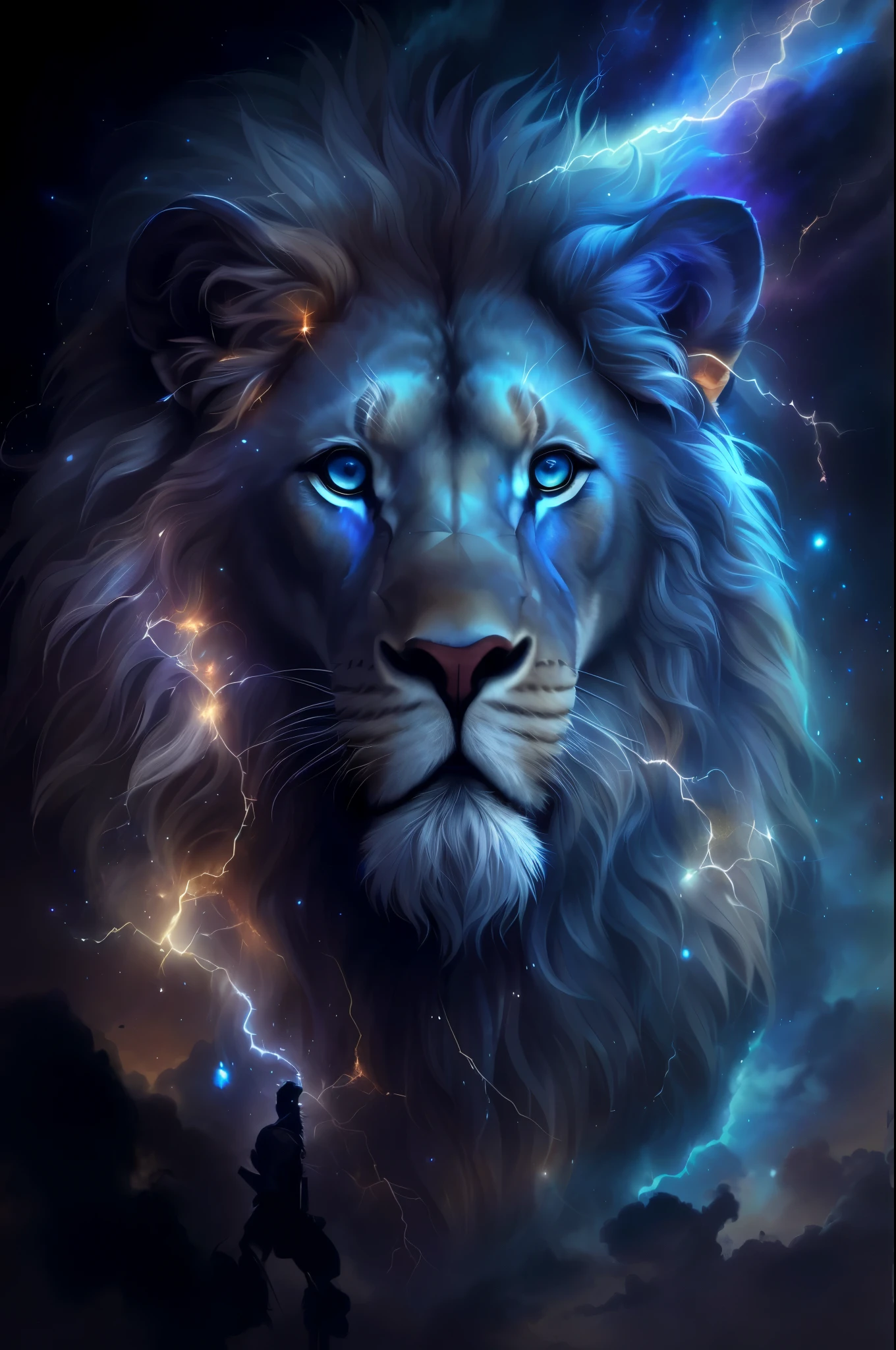 a close up of a lion with a sky background and lightning, roaring blue lion. majestic, lion, epic digital art illustration, Beautiful digital artwork, lion warrior, 华丽的lion座女神, 4k highly detailed digital art, amazing wallpapers, amazing art, Detailed fantasy digital art, aslan the lion, author:Adam Malczynski, 4k detailed digital art
