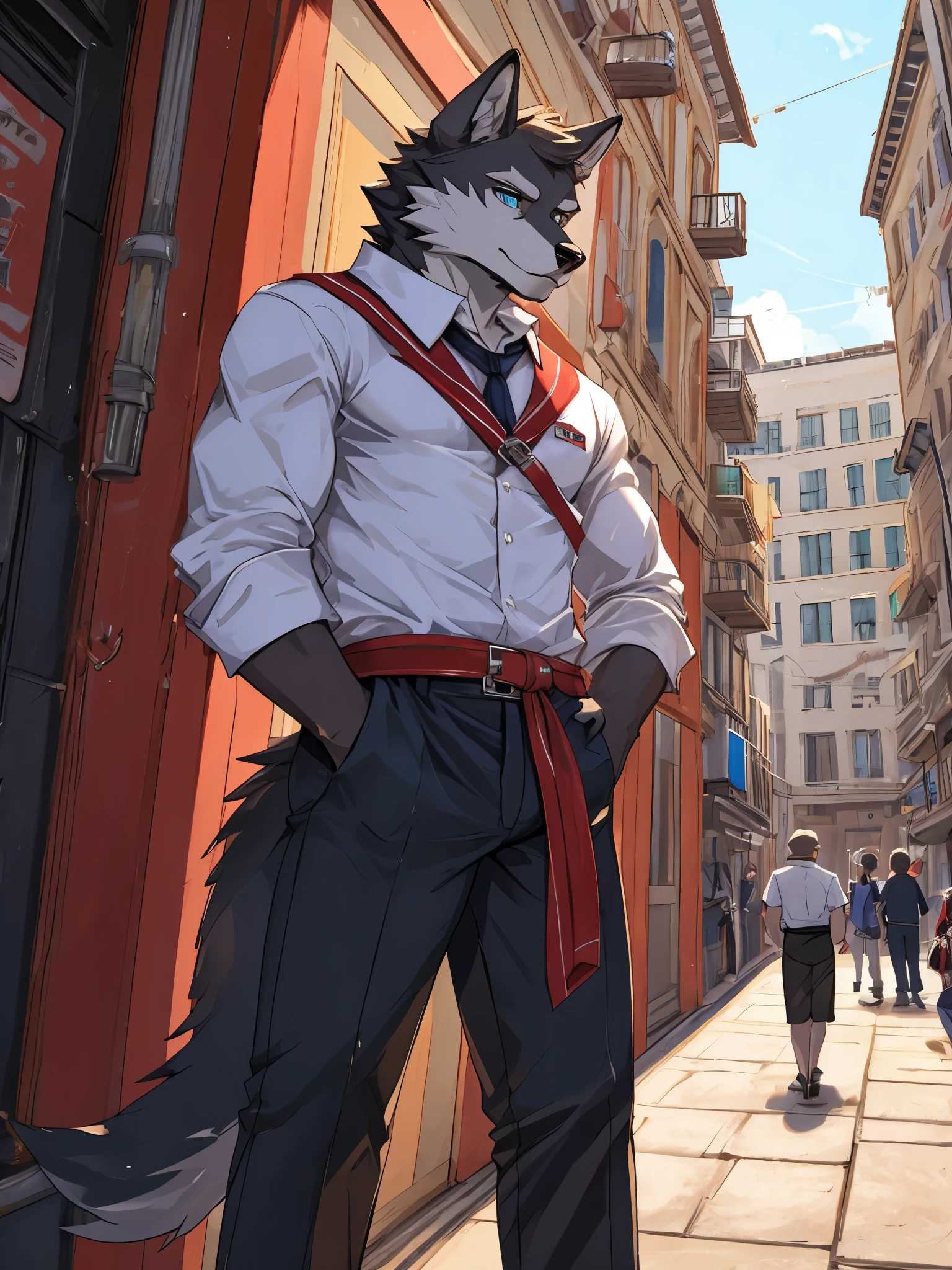 Male wolf, school uniforms, charismatic gaze, background city, best quality, standing, detail background, detail fur, perfect eyes, detail face, perfect all, masterpiece, detail body, 8k quality, cool pose