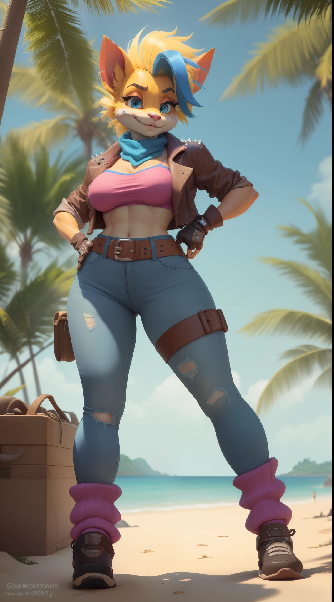 female furry, tawna bandicoot,(best quality, masterpiece:1),blue eyes,small nose, large breasts,fully clothed,spiked jacket,pink shirt,jeans,loose belt,blue scarf,fingerless gloves,leg strap,leg warmers,combat stance,(outdoors jungle beach background:1.1),detailed face,shoes,torn clothes, view from behind,