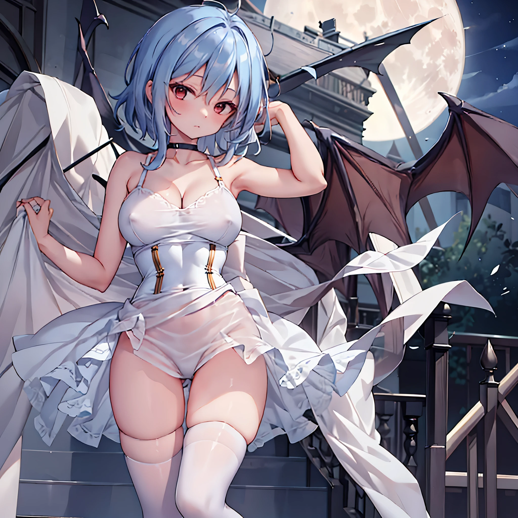 Remilia toho character, (solo:1.2), (standing on deck of mansion:1.1), a full moon, midnight, BREAK, short hair, collarbone, (very perky large breasts), (emphasize cleavage), (inconceivably thin waist:1.3), (very short thin torso:1.2), very long (thin legs), emphasize thigh gap, BREAK, white dress with (plunging neckline), (brown wiry corset cinches waist too tight:1.4), (too short white miniskirt), (light blue thighhighs), BREAK, nose blush