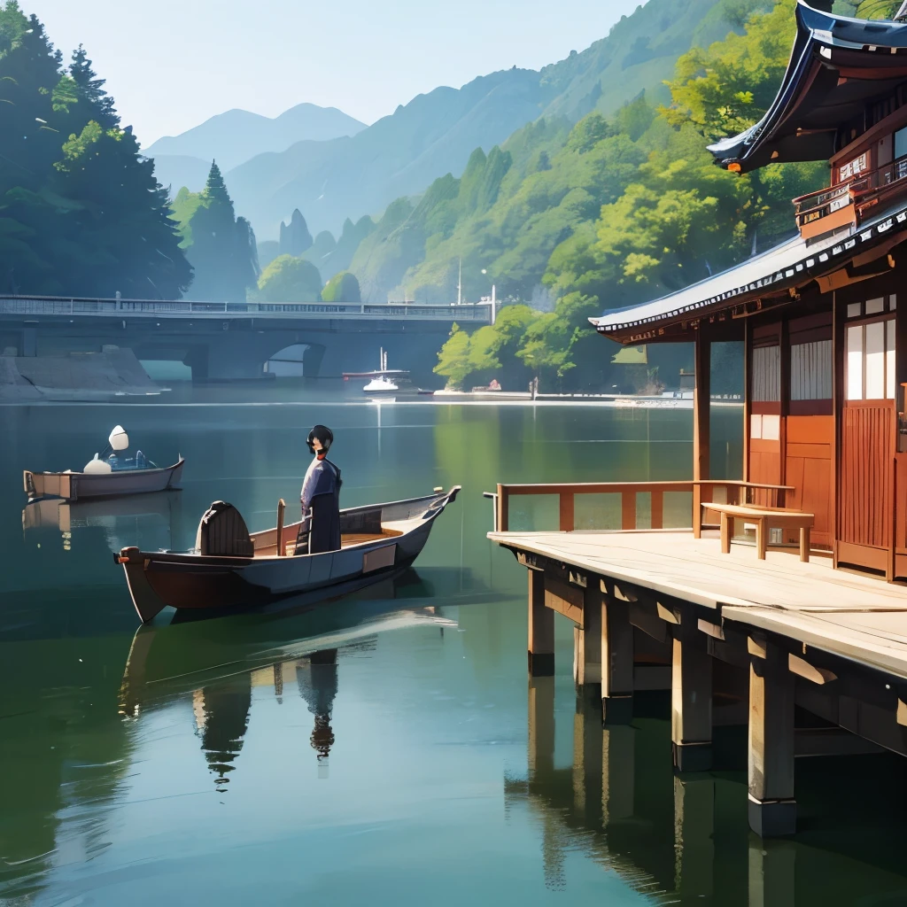 lake、3d comic style、men and women、kimono、Boat、Boatから見る窓の景色、love affair、Meeting and parting、Japan、historic building、Healing scenery、
