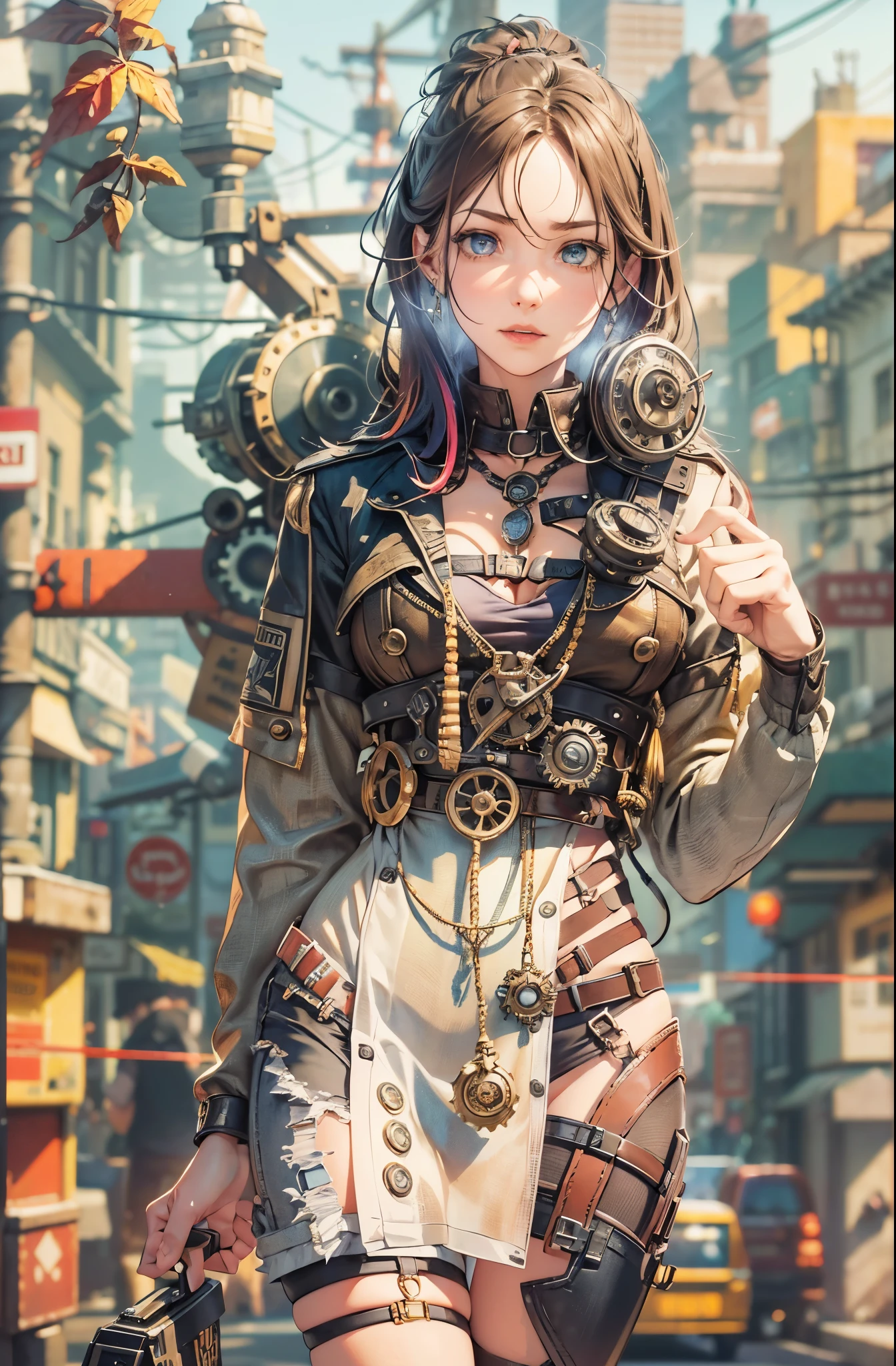 (steampunk),1 girl, Metal signs, gears, wires, cables, sparks, screws, (3d sculpture,rendering by octane,volumettic light,Natural soft light,), (super delicate:1.2, lose focus:1.2, extremely colorful, Cinematic Lighting, Chiaroscuro,Ray Tracing), Masterpiece, super rich,super detailed,8k