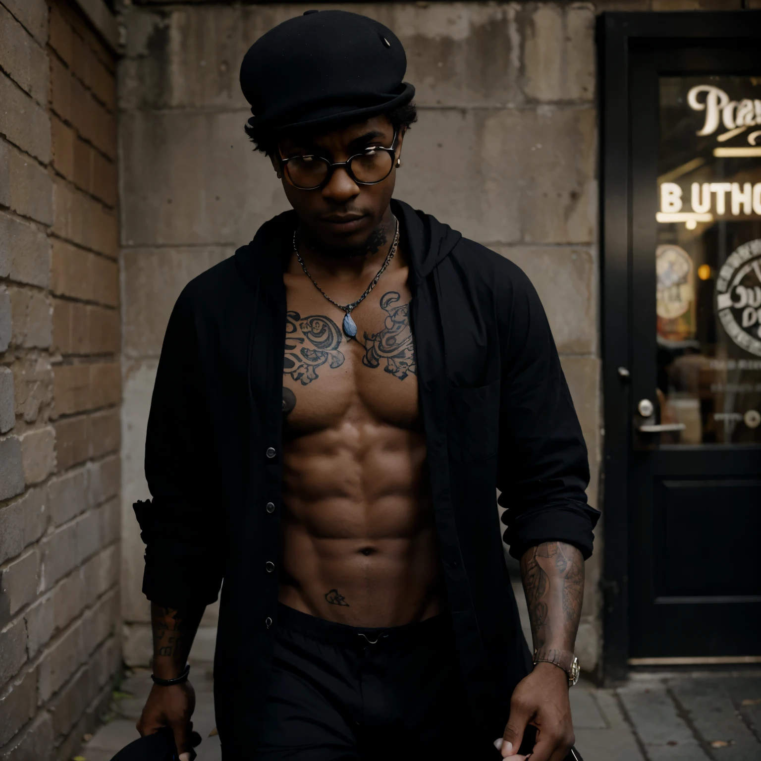 a black male street hood wearing a bowler hat, full black glasses and full tattoos and a bag