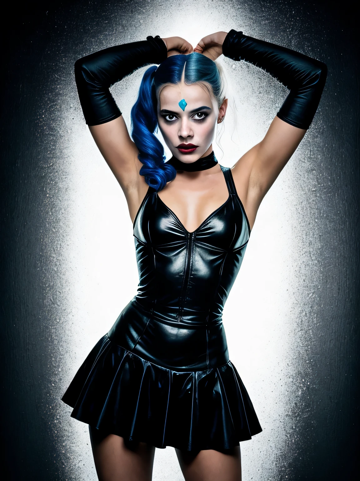 ( Masterpiece, 4k resolution, ultra-realistic, very detailed) A beautiful sexy female superhero who is a demigoddess , blue/green eyes and( long wavy very dark blue hair). , , She wears a blue outfit with a fish scale like texture sleeveless , she has bracelets that are silver, and has black boots with a glowing blue tint. a silver belt with a sea shell in the center, (Oceania) (full body) (bound and gagged) (ballgag)