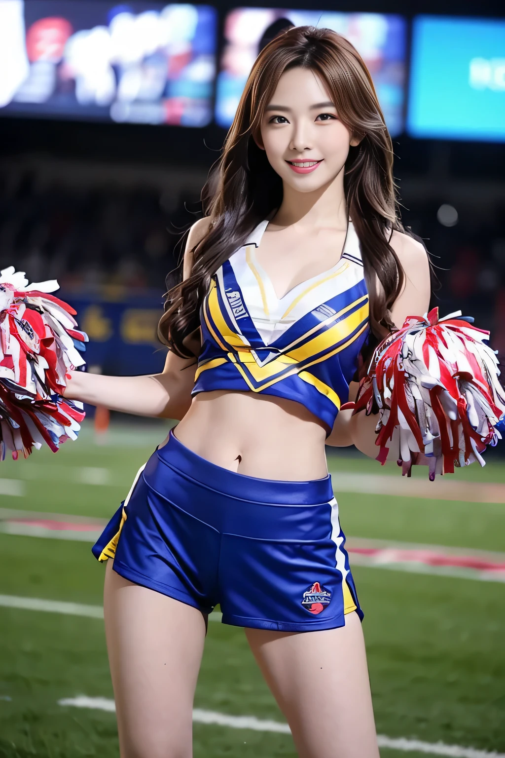 ((top-quality、8K、photographrealistic:1.4、tmasterpiece))、back Lighting、highly detailed facial textures women、Beautiful Japanese woman、18yr old、(((Bull cheerleader:1.2)))、((Stadium Background:1.2))、raise both arms、Ultra-delicate skin、beautiful make up、A detailed eye、A smile、open open mouth、Shiny brown messy short hairstyle、squatting pose、Gravure pose、