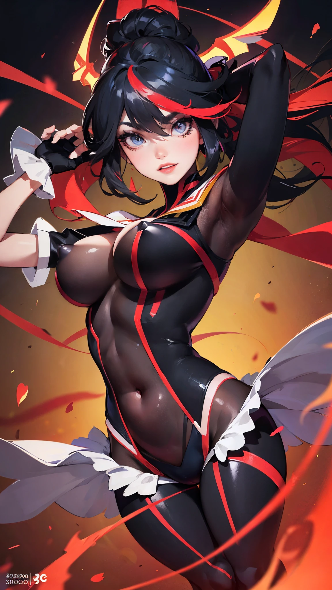 Matoi Ryuuko (Kill la kill), Fleshy thighs, Instagram pose，Dynamic angle, Show armpits, ((Body suit)), Nipples, C cup, Happy expression, (Entire body image:1.5), (8K, Best quality, A high resolution:1.35), (RAW photo:1.2), (Photorealistic:1.37), (Masterpiece: 1.25), Dramatic lighting, Photon maping, Symmetry, Complexity, Elegance, (1 girl), Large breast, Long eyelashes, Detailed eyelashes, Eye shadows, Glowing eyes, ((Natural makeup, Clear facial features)), ((Curvy build, Showing stomach)), ((Fine detailed beautiful eyes: 1.2)), Bad girl, Erotic, ((Street background, Night))