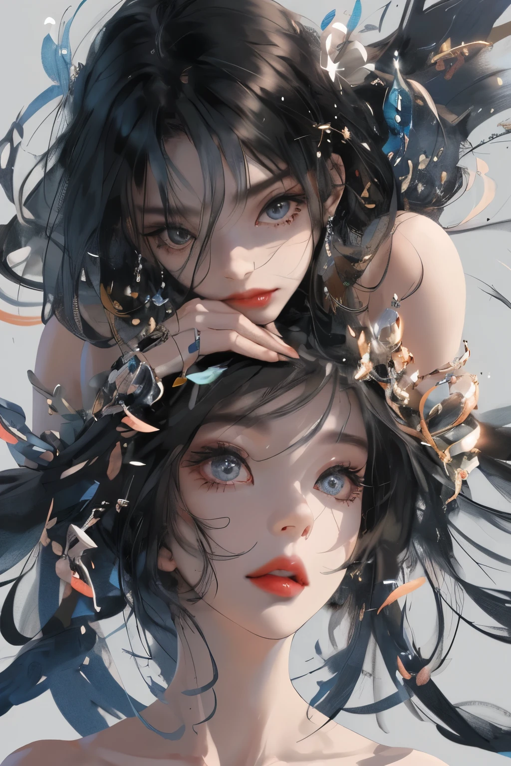her black hair, luxury, wavy, falling gracefully on her shoulders，flowed gently over her face, Give it a touch of charm.