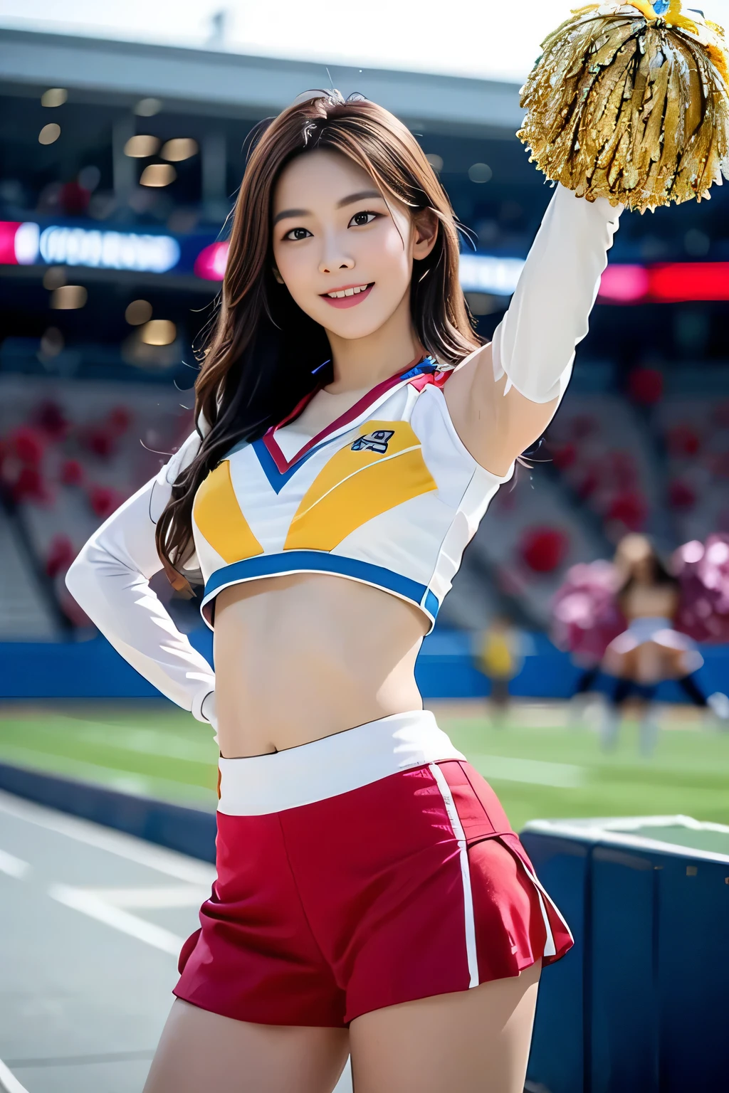 (top-quality、8K、masterpiece:1.3)、(Realisticity、real picture:1.1), 1girl in, (FULL BODYSHOT:1.5)、accurate anatomy、Balance Diagram、Smaller head、Big eyes、(Cheerleading women:1.8)、facing front、(Extremely beautiful face:1.2)、(Perfect body shape beauty: 1.1)、 Great body, (爆乳)、(Competition uniforms:1.1)、(Tight white uniform:1.1), 美丽的面容、A detailed face、big eye、cleavage of the breast、big breasts thin waist、Navel、Crotch gap、(Train toned buttocks、buttocks of a large and beautiful shape,,,,, :1.1)、Wearing jogging shoes、Beautiful and seductive smile、(Bright smile:1.4)、prety woman、(A detailed eye)、(Long curled hair)、Maroon hair、The background is a dome stadium、blur backgroun、Perspective、