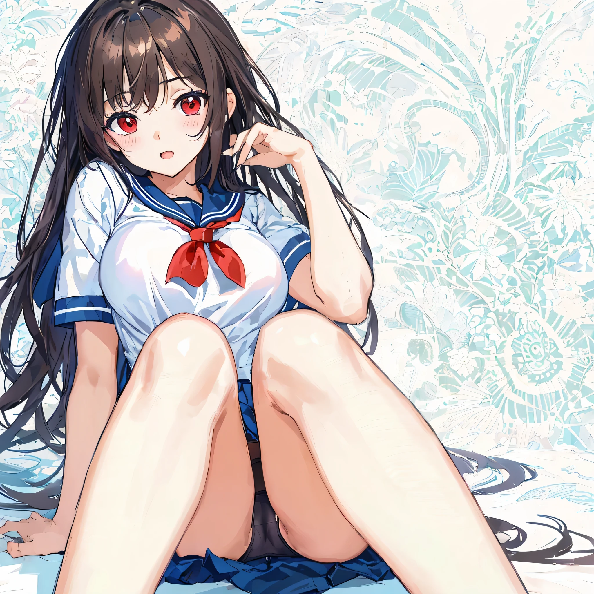 masterpiece, highest quality,figure,sailor suit,slanted eyes,straight hair,brown hair,side part,super dense skin,surprised,beautiful and fine eyes,blush,short sleeve shirt,red eyes,(big breasts:1.2), (A raised and well-defined bust:1.2), (lifted chest:1.2), (perky chest :1.2),cover one's chest with one's hands,high school girl,undressing,black lingerie,Highly detailed black panties,white background