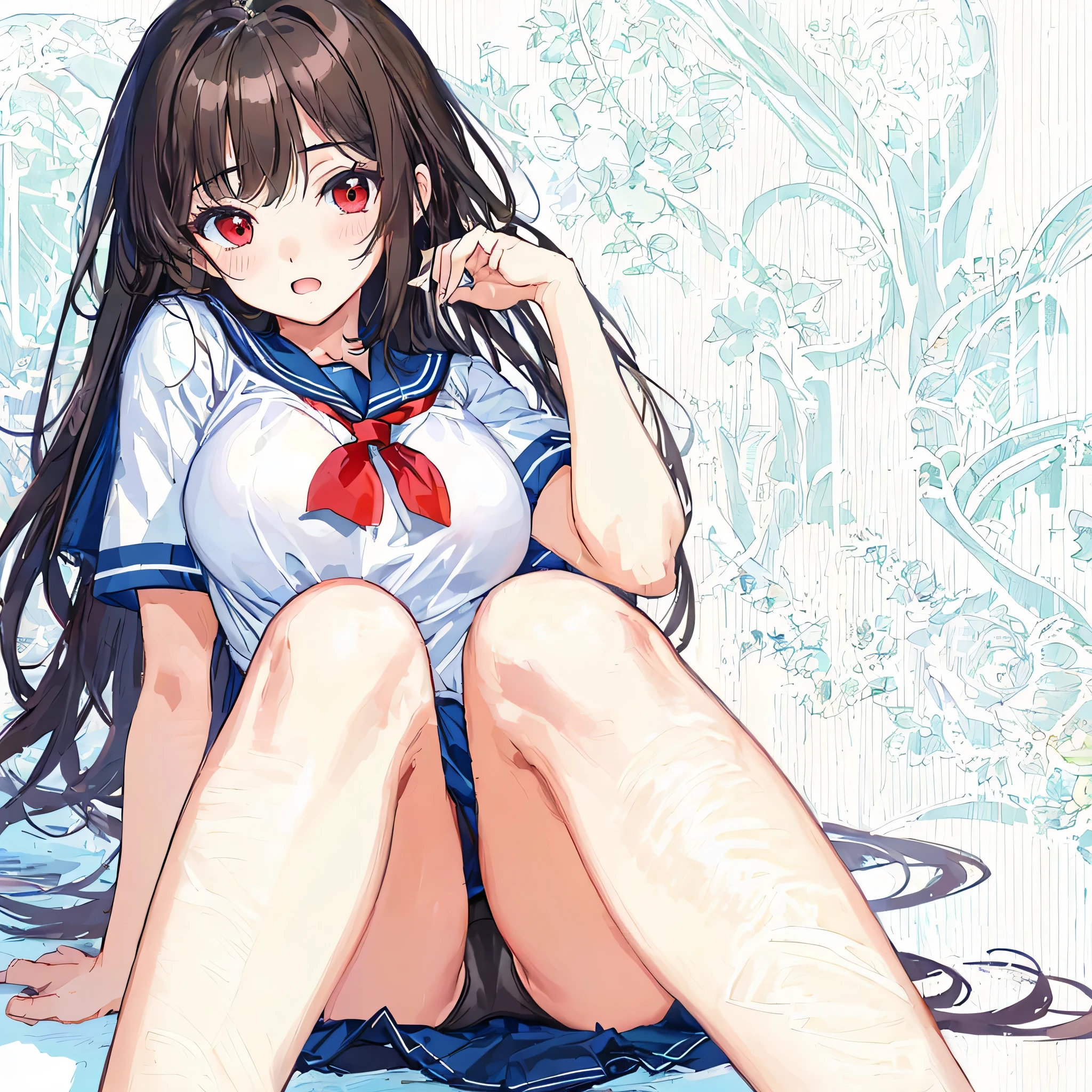 masterpiece, highest quality,figure,sailor suit,slanted eyes,straight hair,brown hair,side part,super dense skin,surprised,beautiful and fine eyes,blush,short sleeve shirt,red eyes,(big breasts:1.2), (A raised and well-defined bust:1.2), (lifted chest:1.2), (perky chest :1.2),cover one's chest with one's hands,high school girl,undressing,black lingerie,Highly detailed black panties,white background