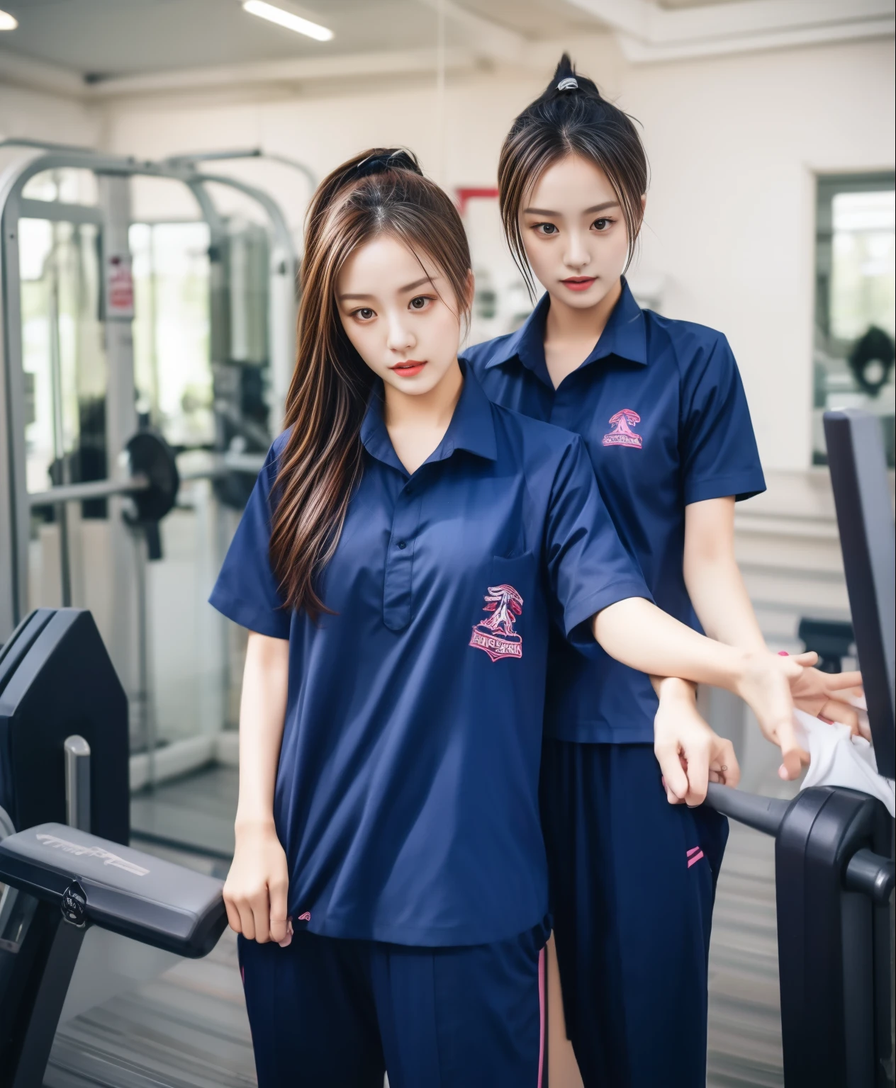 3 girls in fitness center, Navy blue short-sleeved shirt,Navy Long Trackpant,Sweatpants, Sweatpantsขายาว,25 year old girl, lesbian, sexy, exercise clothes, wet body, exercise clothes