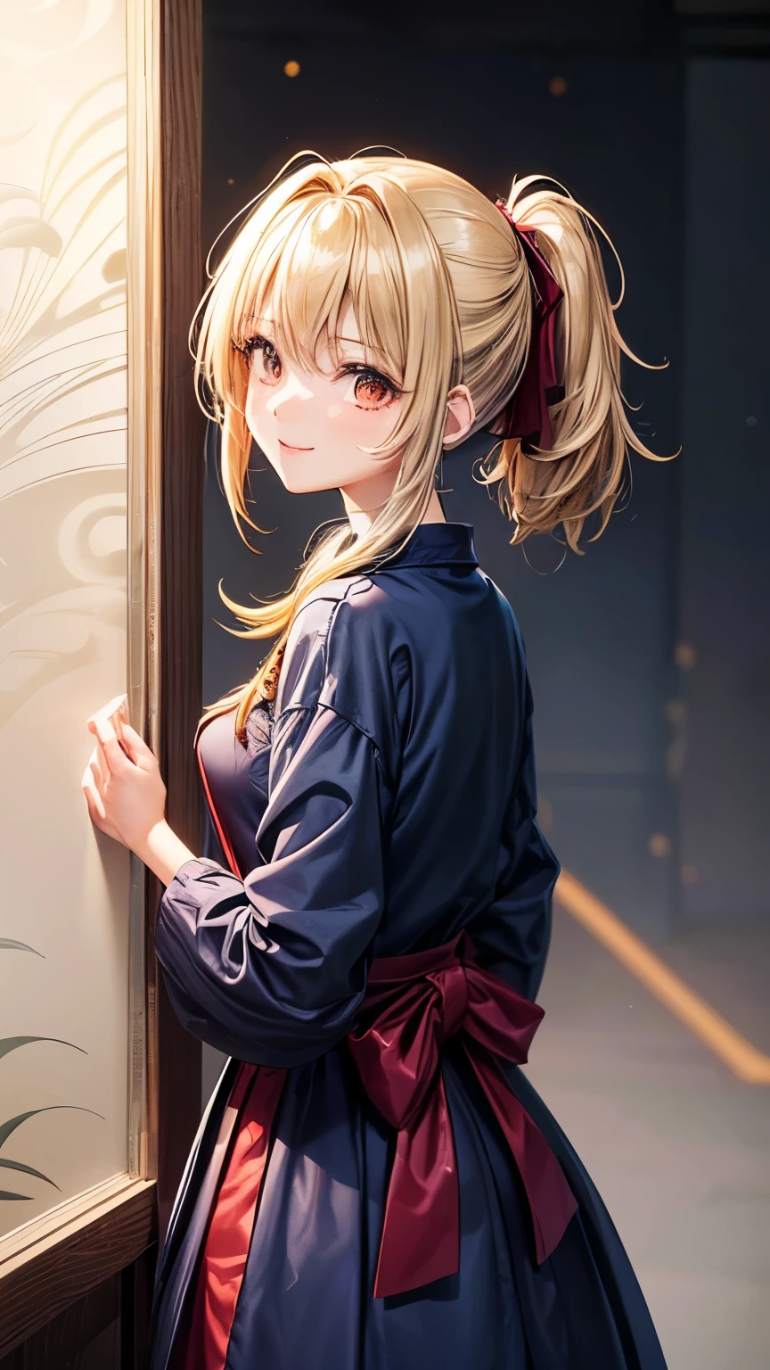 Japanese lady (( small breast, slender)), short hair,((smooth ponytail)), (( yellow, blonde )),(( so much shaggy forelock:1.4)), bluish purple tidy one-piece dress(( leaf patterns )), maxi length skirt ((black, indigo, dark red )), ((shiny red big droopy eyes)), eyelashes, friendly and tidy smile, tidy and calm atmosphere, ((face focus)), blush, , looking back pose, have a small present box(( for valentine day))
