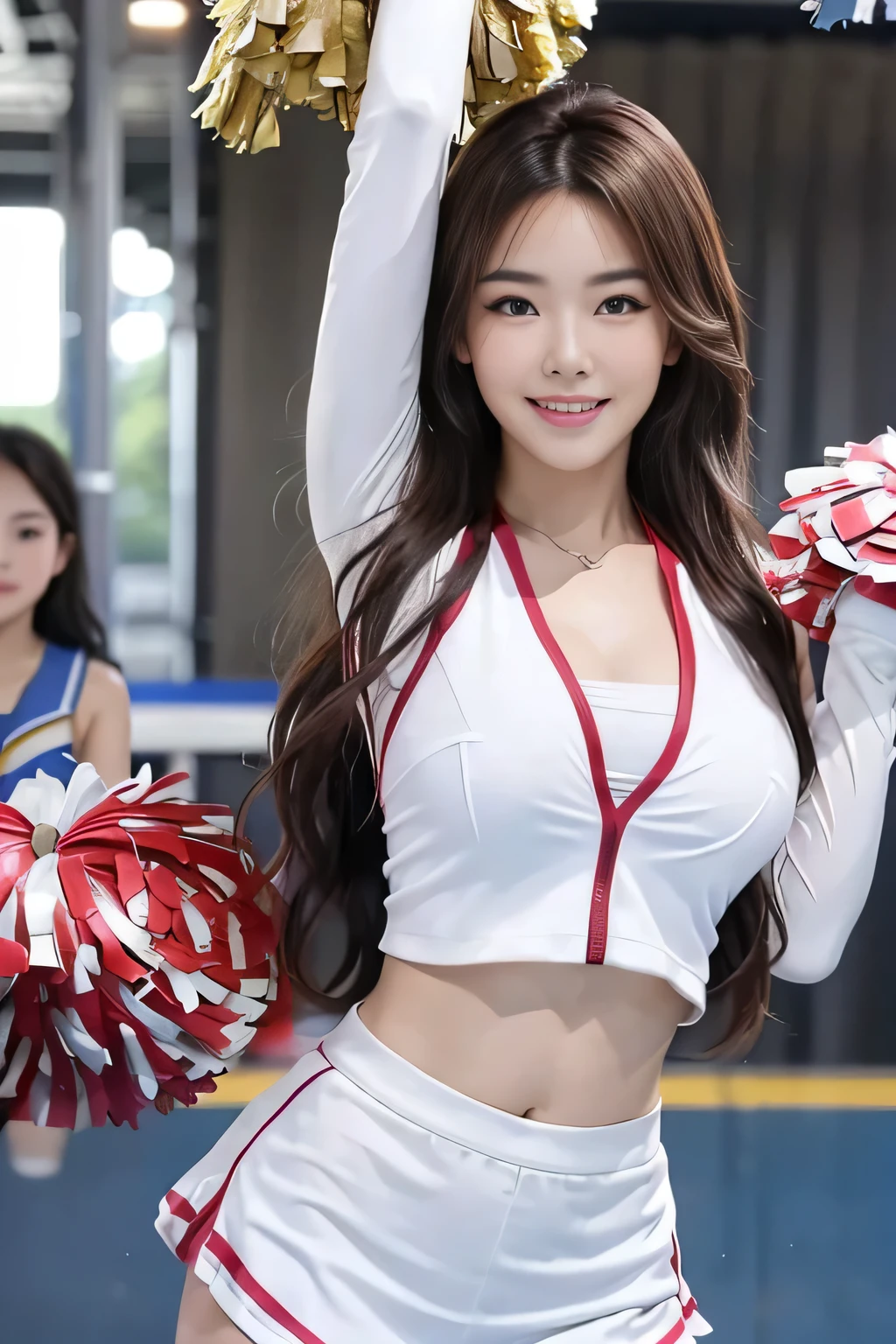 (top-quality、8K、​masterpiece:1.3)、(Realisticity、real picture:1.1), 1girl in, (FULL BODYSHOT:1.5)、accurate anatomy、Balance Diagram、Smaller head、Big eyes、(Cheerleading women:1.8)、facing front、(Extremely beautiful face:1.2)、(Perfect body shape beauty: 1.1)、 Great body, (爆乳)、(Competition uniforms:1.1)、(Tight white uniform:1.1), 美丽的面容、A detailed face、big eye、cleavage of the breast、big breasts thin waist、Navel、Crotch gap、(Train toned buttocks、buttocks of a large and beautiful shape,,,,, :1.1)、Wearing jogging shoes、Beautiful and seductive smile、(Bright smile:1.4)、prety woman、(A detailed eye)、(Long curled hair)、Maroon hair、The background is a dome stadium、blur backgroun、Perspective、