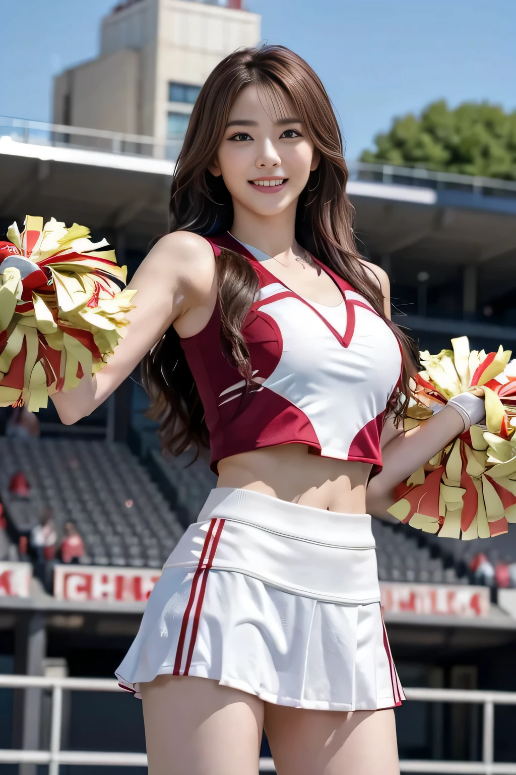 (top-quality、8K、masterpiece:1.3)、(Realisticity、real picture:1.1), 1girl in, (FULL BODYSHOT:1.5)、accurate anatomy、Balance Diagram、Smaller head、Big eyes、(Cheerleading women:1.8)、facing front、(Extremely beautiful face:1.2)、(Perfect body shape beauty: 1.1)、 Great body, (爆乳)、(Competition uniforms:1.1)、(Tight white uniform:1.1), 美丽的面容、A detailed face、big eye、cleavage of the breast、big breasts thin waist、Navel、Crotch gap、(Train toned buttocks、buttocks of a large and beautiful shape,,,,, :1.1)、Wearing jogging shoes、Beautiful and seductive smile、(Bright smile:1.4)、prety woman、(A detailed eye)、(Long curled hair)、Maroon hair、The background is a dome stadium、blur backgroun、Perspective、