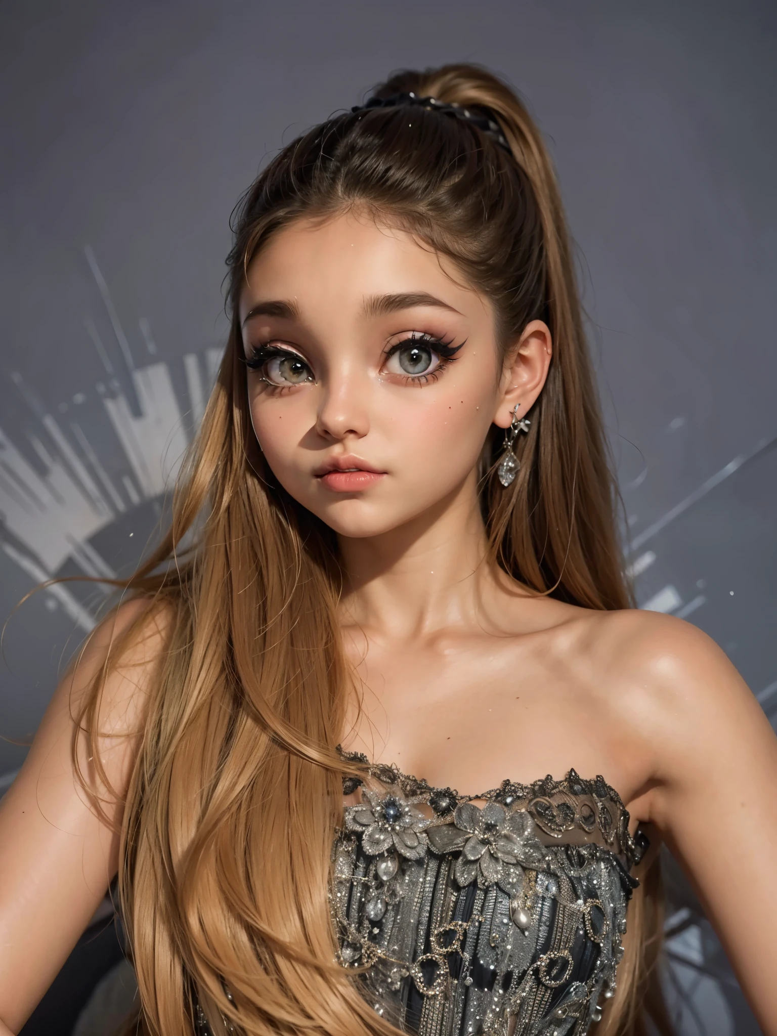 a close up of a woman with long hair wearing a dress, portrait of ariana grande, hyperrealistic teen, realistic artstyle, realism artstyle, anime styled 3d, painting of ariana grande, photorealistic artstyle, ariana grande in gta v, realistic anime 3 d style, in the art style of bowater, photorealistic anime girl render, realistic picture, (highly detailed face:1.4) (smile:0.7) (background inside dark, moody, private study:1.3) POV, by lee jeffries, nikon d850, film stock photograph ,4 kodak portra 400 ,camera f1.6 lens ,rich colors ,hyper realistic ,lifelike texture, dramatic lighting , cinestill 800