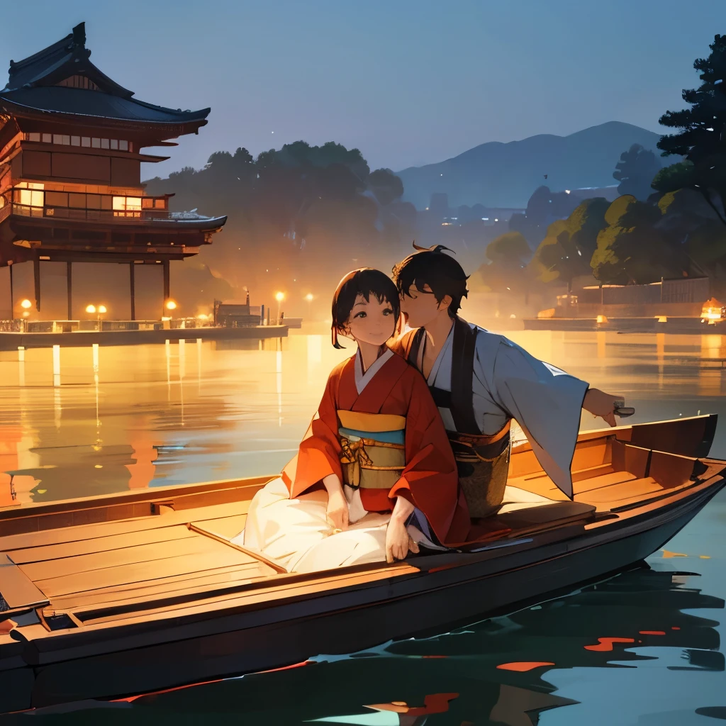 "(best quality,highres:1.2) A Japanese couple wearing traditional Kimono, happily chatting while riding a boat. The scene is in a 3D manga style, with a soothing landscape in the background. The colors are vibrant and the lighting creates a warm and romantic atmosphere. The couple is surrounded by historical buildings, adding a sense of history and culture to the scene."
