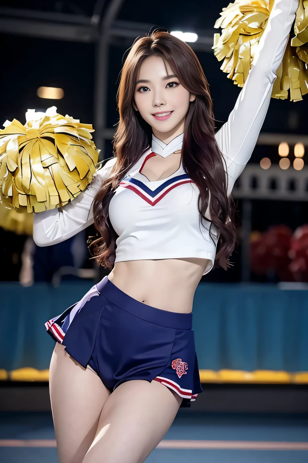 (top-quality、8K、​masterpiece:1.3)、(Realisticity、real picture:1.1), 1girl in, (FULL BODYSHOT:1.5)、accurate anatomy、Balance Diagram、Smaller head、Big eyes、(Cheerleading women:1.8)、facing front、(Extremely beautiful face:1.2)、(Perfect body shape beauty: 1.1)、 Great body, (爆乳)、(Competition uniforms:1.1)、(Tight white uniform:1.1), 美丽的面容、A detailed face、big eye、cleavage of the breast、big breasts thin waist、Navel、Crotch gap、(Train toned buttocks、buttocks of a large and beautiful shape,,,,, :1.1)、Wearing jogging shoes、Beautiful and seductive smile、(Bright smile:1.4)、prety woman、(A detailed eye)、(Long curled hair)、Maroon hair、The background is a dome stadium、blur backgroun、Perspective、