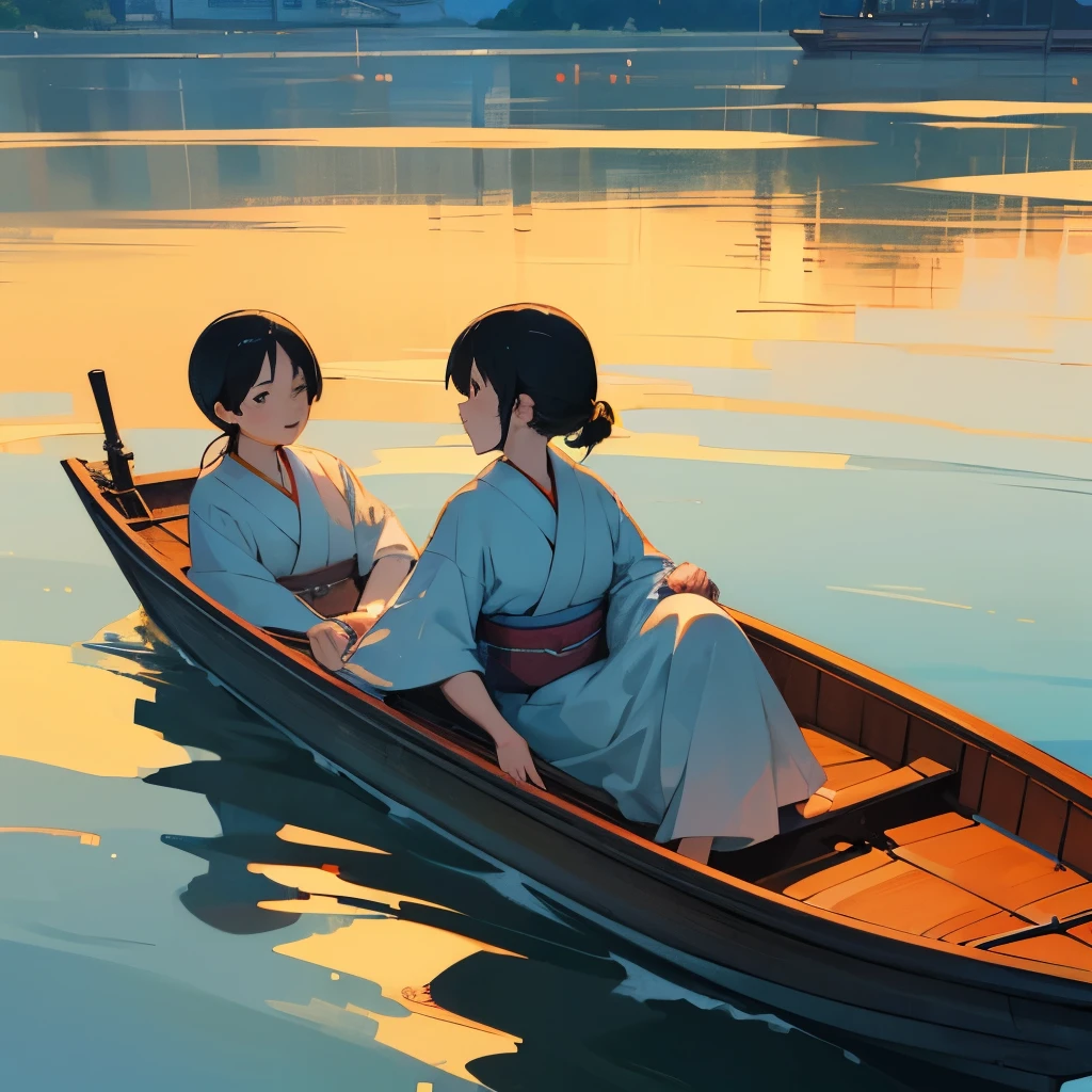 "(best quality,highres:1.2) A Japanese couple wearing traditional Kimono, happily chatting while riding a boat. The scene is in a 3D manga style, with a soothing landscape in the background. The colors are vibrant and the lighting creates a warm and romantic atmosphere. The couple is surrounded by historical buildings, adding a sense of history and culture to the scene."