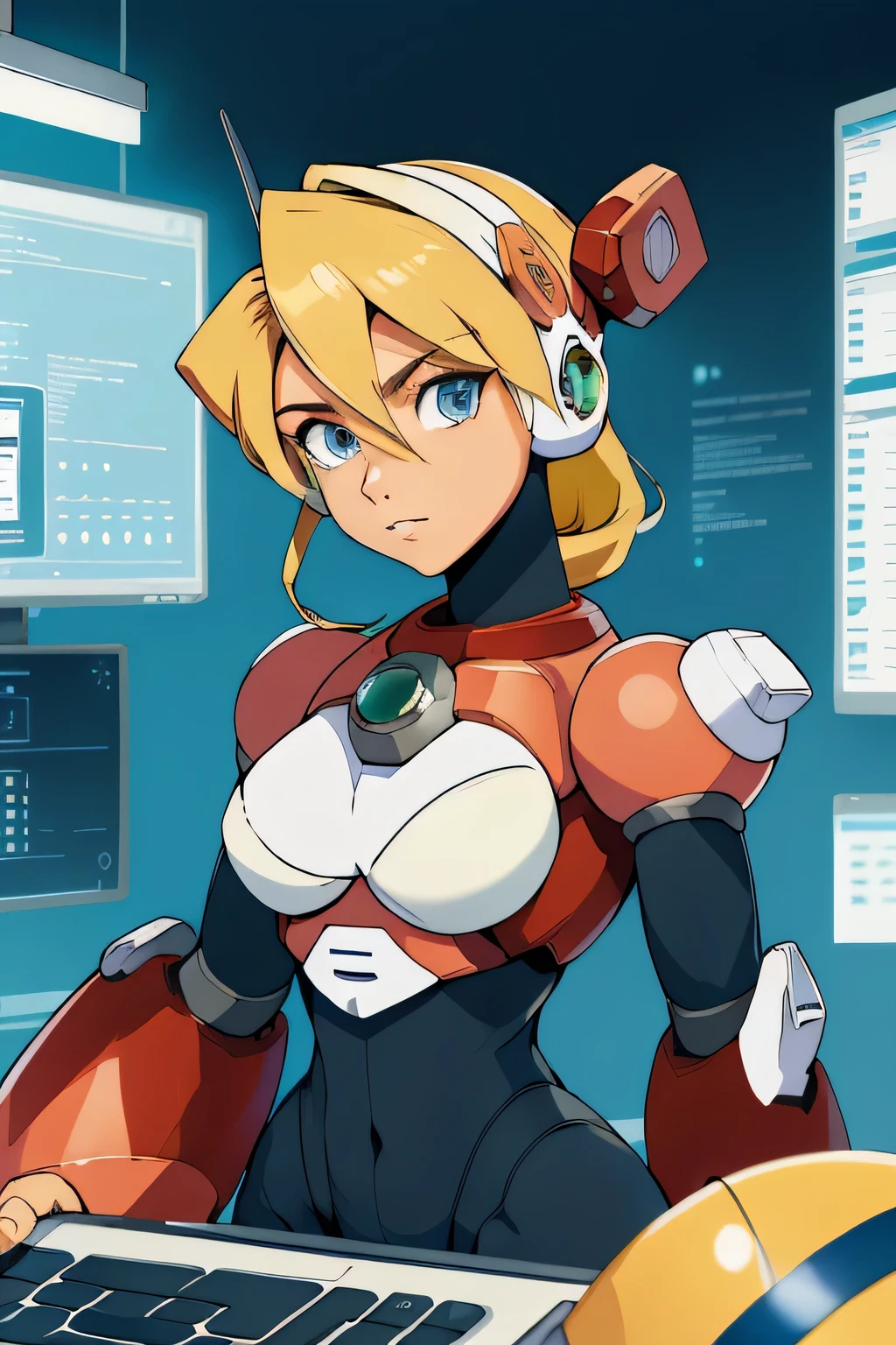Alia_Megamanx, 1girl, sozinho, seios, olhos azuis, blonde hair, android, cabelos longos, robot ears, sentado na cadeira em frente ao computador, laboratory, master part, alta qualidade, peistos grandes e bunda