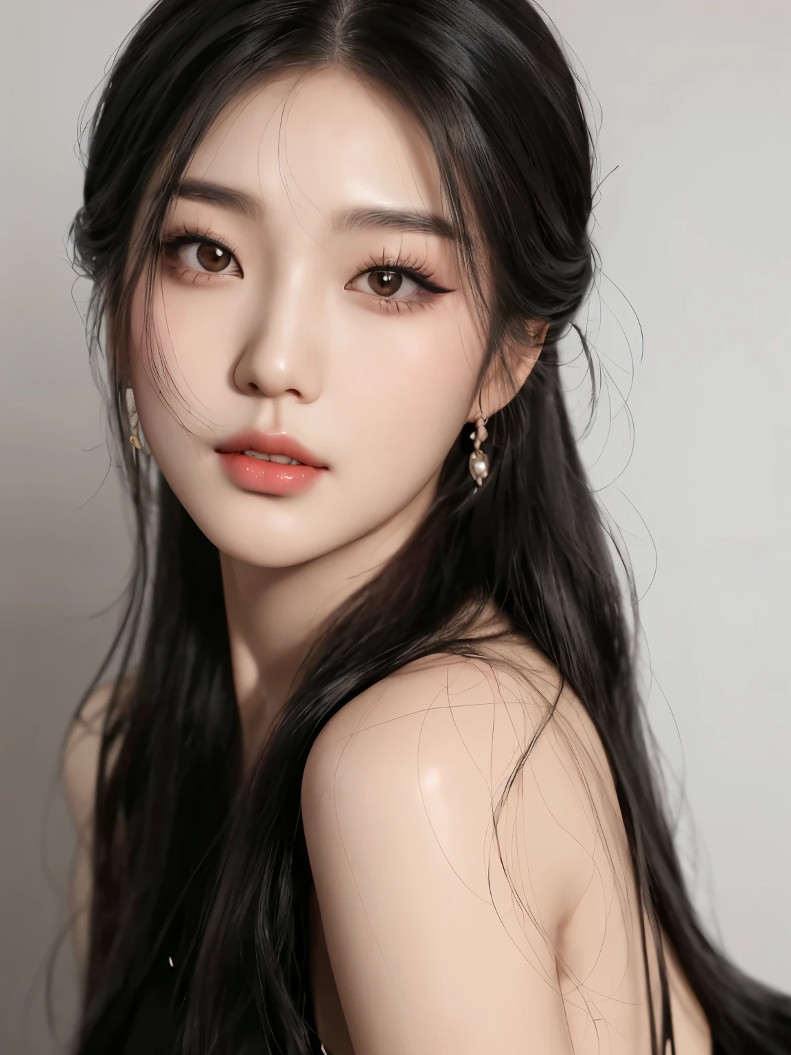 a close up of a woman with long hair wearing a black dress, popular korean makeup, popular south korean makeup, beautiful south korean woman, beautiful young korean woman, young adorable korean face, jinyoung shin, cute korean actress, gorgeous young korean woman, wan adorable korean face, korean girl, jaeyeon nam, beautiful aesthetic face, bae suzy, korean face features