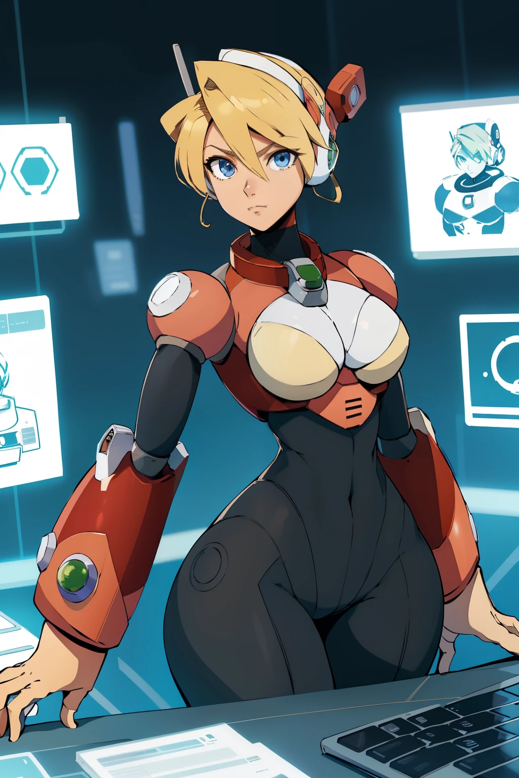 Alia_Megamanx, 1girl, sozinho, seios, olhos azuis, blonde hair, android, cabelos longos, robot ears, sentado na cadeira em frente ao computador, laboratory, master part, alta qualidade, peistos grandes e bunda