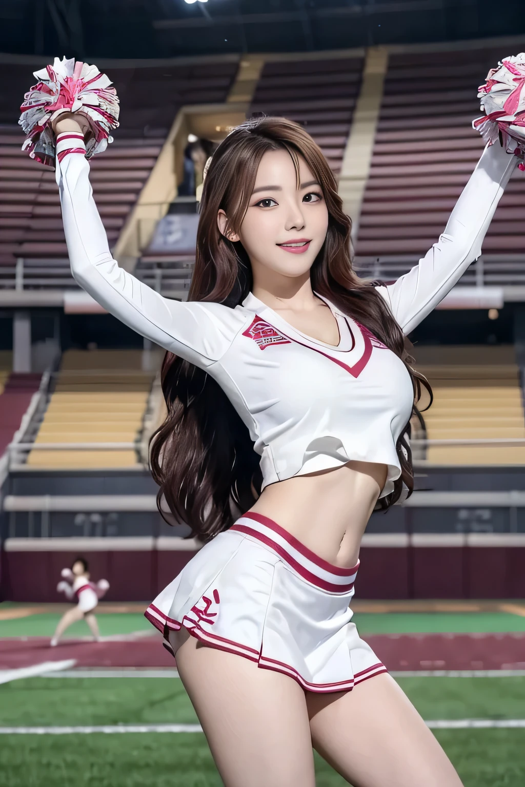 (top-quality、8K、masterpiece:1.3)、(Realisticity、real picture:1.1), 1girl in, (FULL BODYSHOT:1.5)、accurate anatomy、Balance Diagram、Smaller head、Big eyes、(Cheerleading women:1.8)、facing front、(Extremely beautiful face:1.2)、(Perfect body shape beauty: 1.1)、 Great body, (爆乳)、(Competition uniforms:1.1)、(Tight white uniform:1.1), 美丽的面容、A detailed face、big eye、cleavage of the breast、big breasts thin waist、Navel、Crotch gap、(Train toned buttocks、buttocks of a large and beautiful shape,,,,, :1.1)、Wearing jogging shoes、Beautiful and seductive smile、(Bright smile:1.4)、prety woman、(A detailed eye)、(Long curled hair)、Maroon hair、The background is a dome stadium、blur backgroun、Perspective、