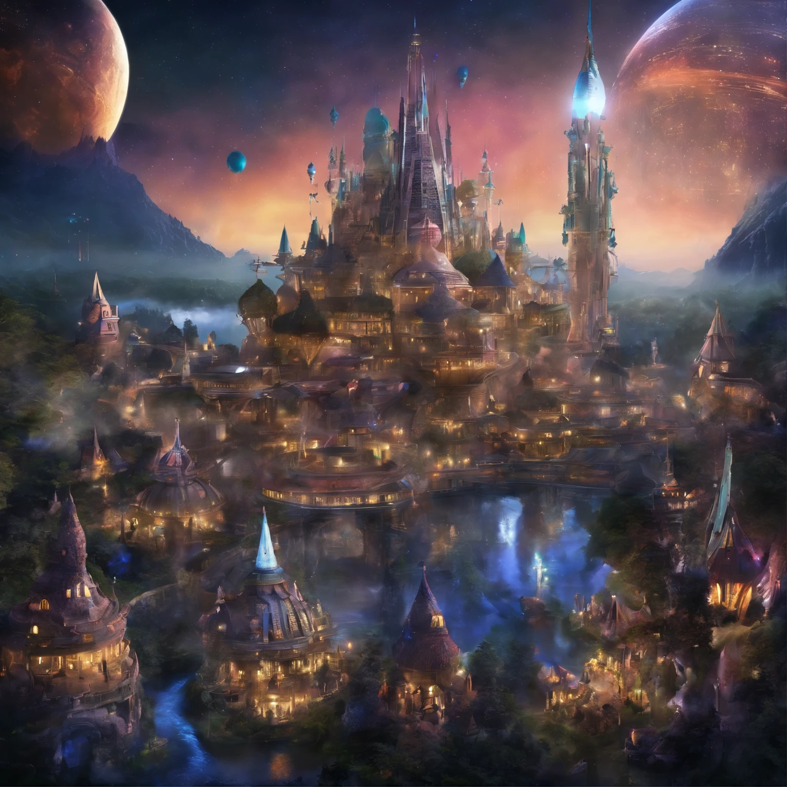 An intergalactic civilization, very advanced buildings, futuristic flying machines, lasers, technology, masterpiece, (photorealistic: 1.3), lights from buildings, night, chromatic abberation, people wearing futuristic suits, hyper realistic